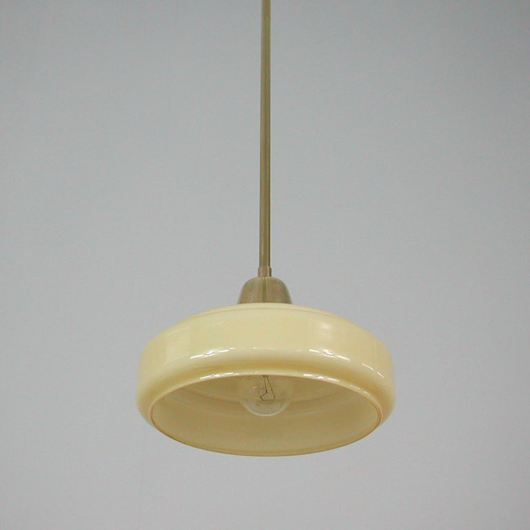 French Art Deco Cream Opaline Glass and Brass Pendants, 1930s-1940s, Set of 2 3