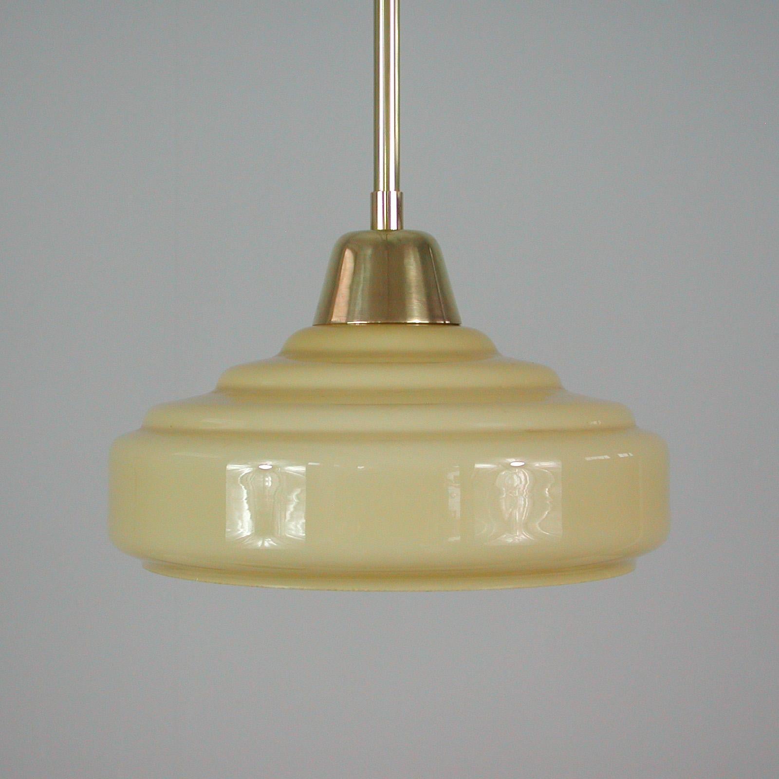 French Art Deco Cream Opaline Glass and Brass Pendants, 1930s-1940s, Set of 2 4