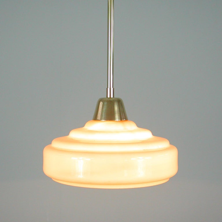 French Art Deco Cream Opaline Glass and Brass Pendants, 1930s-1940s, Set of 2 5