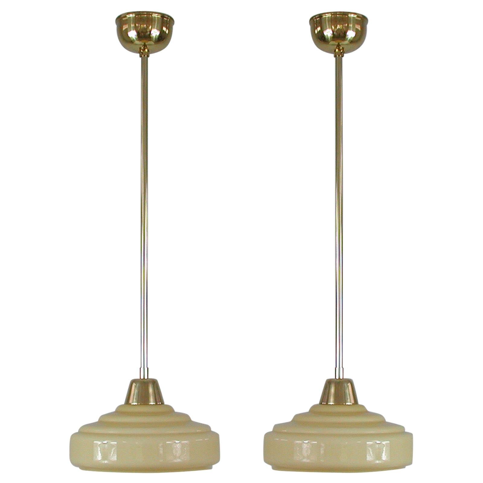 French Art Deco Cream Opaline Glass and Brass Pendants, 1930s-1940s, Set of 2