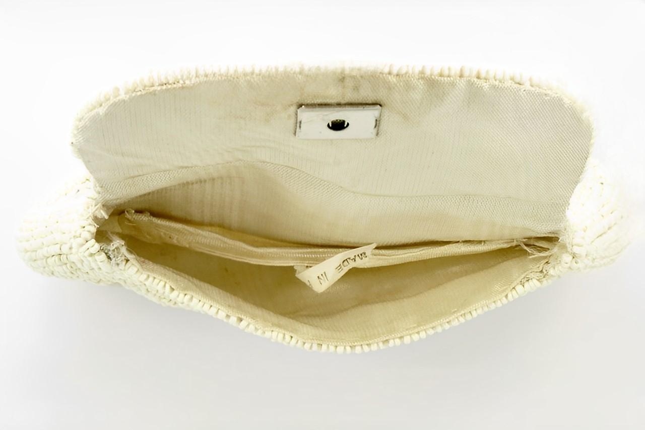 Women's or Men's French Art Deco Cream, Pale Grey and Dark Grey Beaded Purse with Mirror For Sale