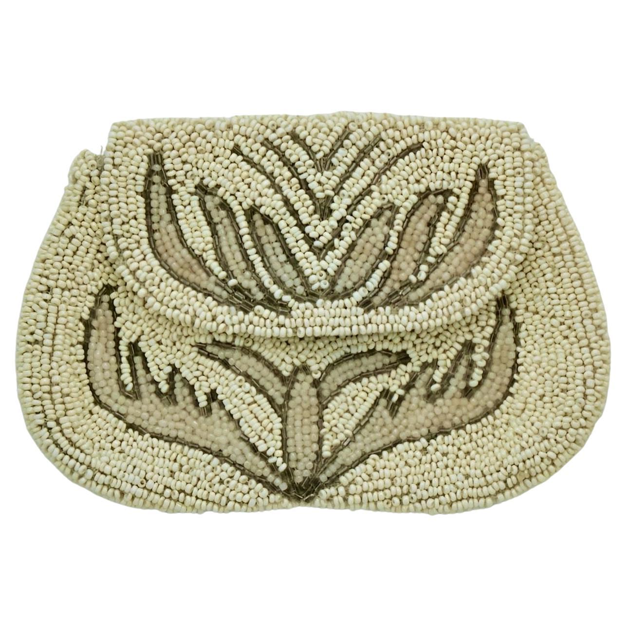 French Art Deco Cream, Pale Grey and Dark Grey Beaded Purse with Mirror For Sale