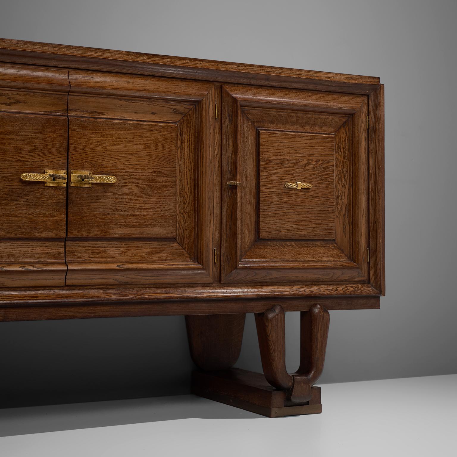 Brass French Art Deco Credenza in Darkened Oak