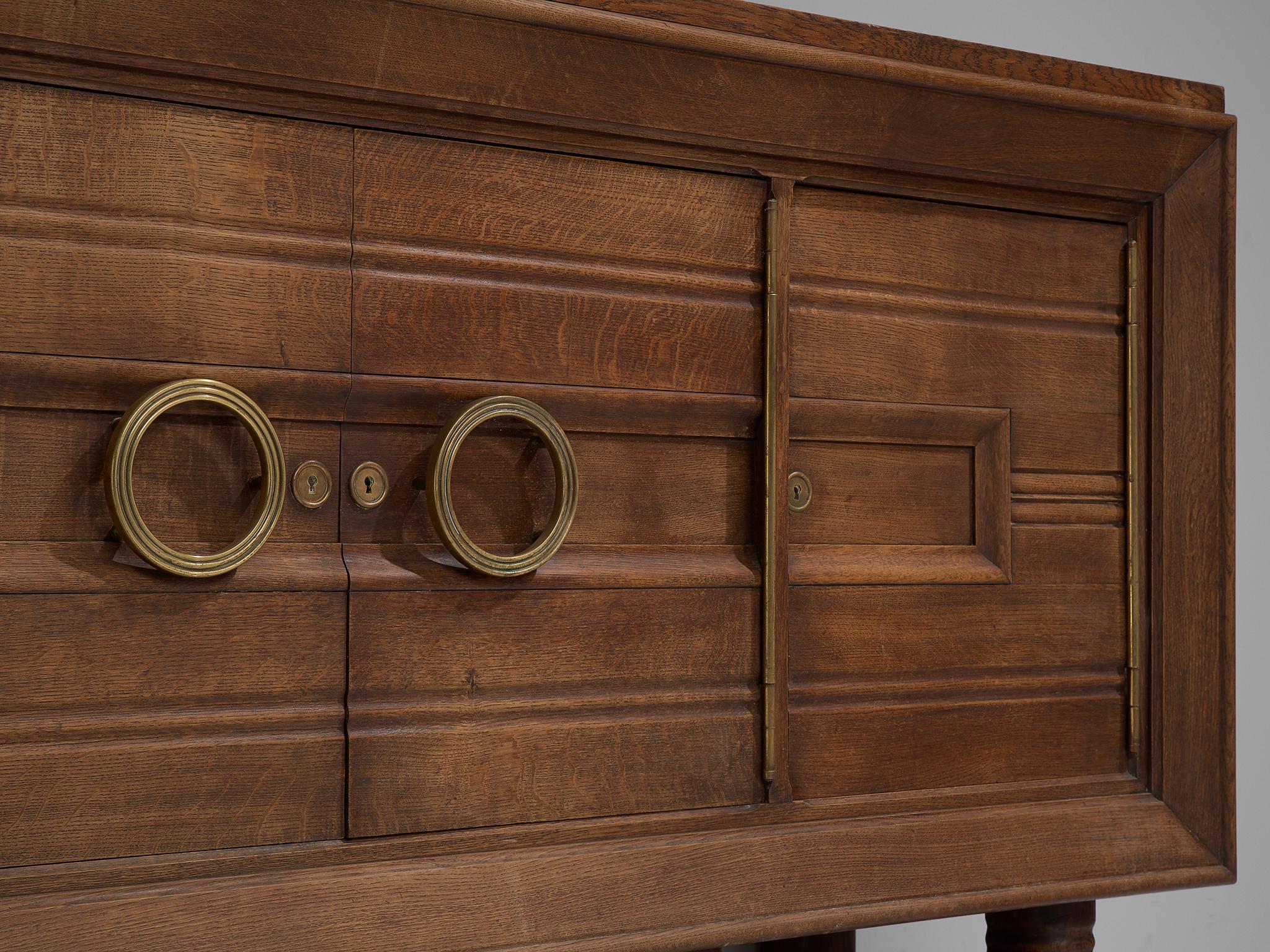 Brass French Art Deco Credenza in Darkened Oak
