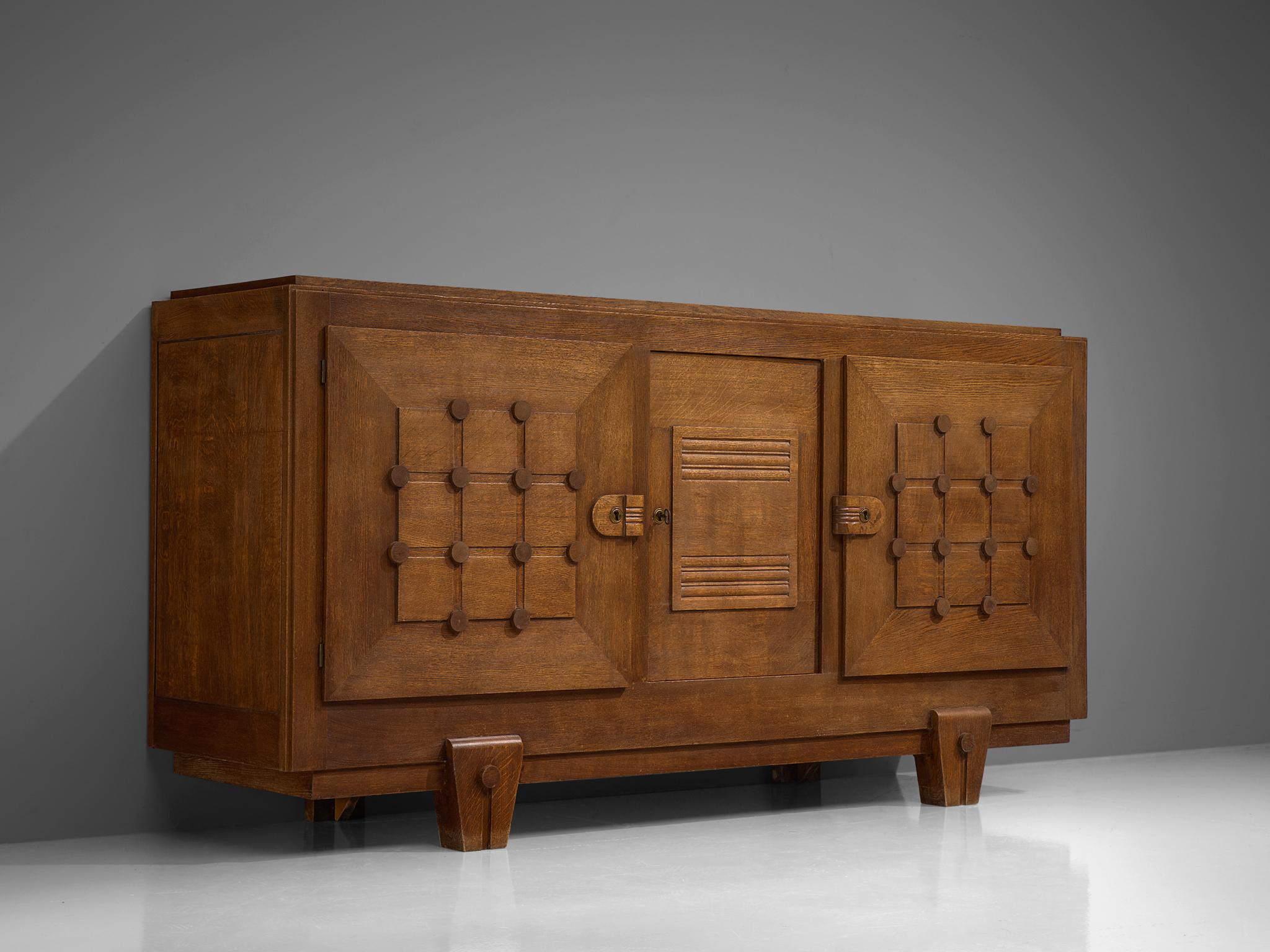 French Art Deco Credenza in Oak with Graphical Details In Good Condition In Waalwijk, NL