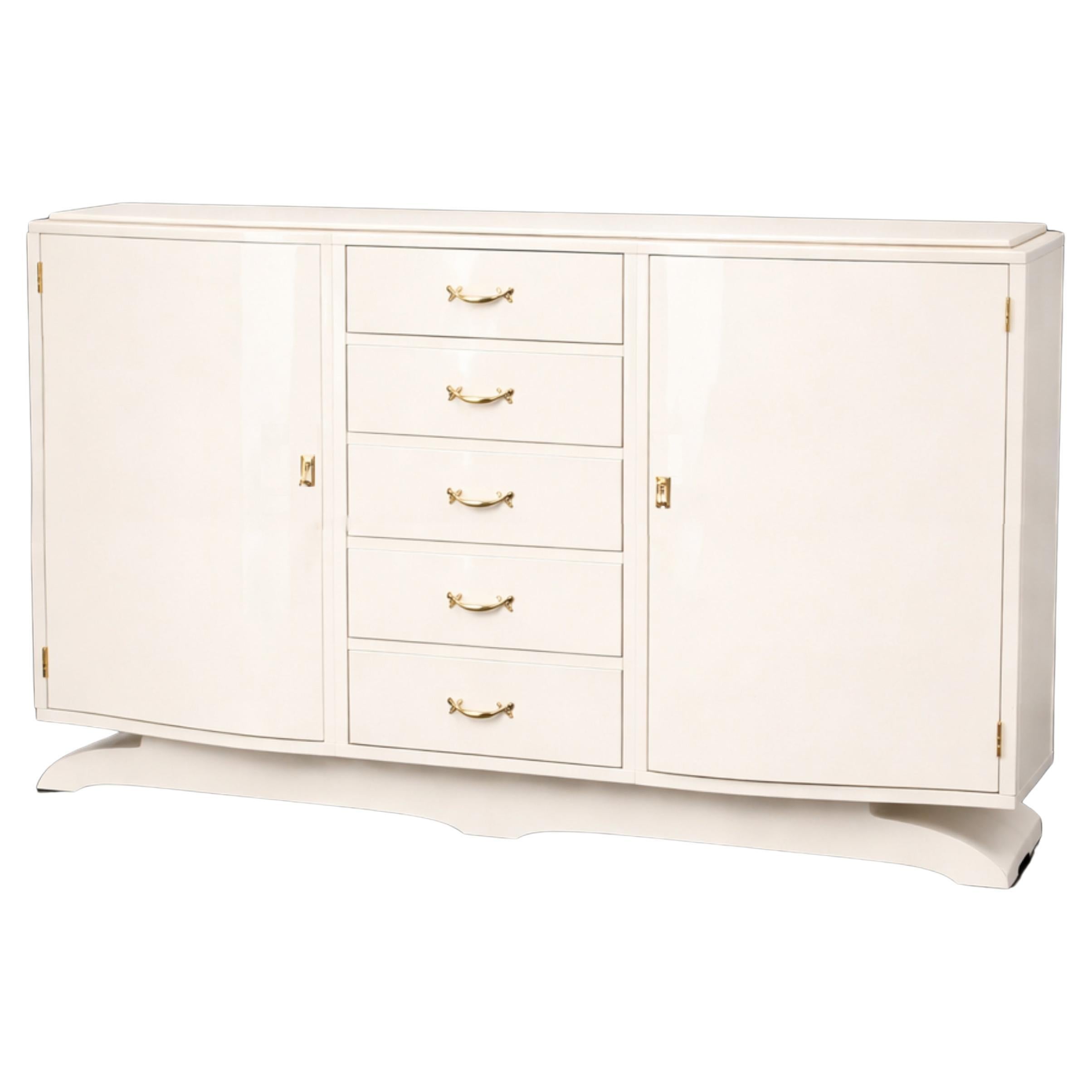 French Art Deco Credenza, Off-White Lacquer 
Copper, 1940s