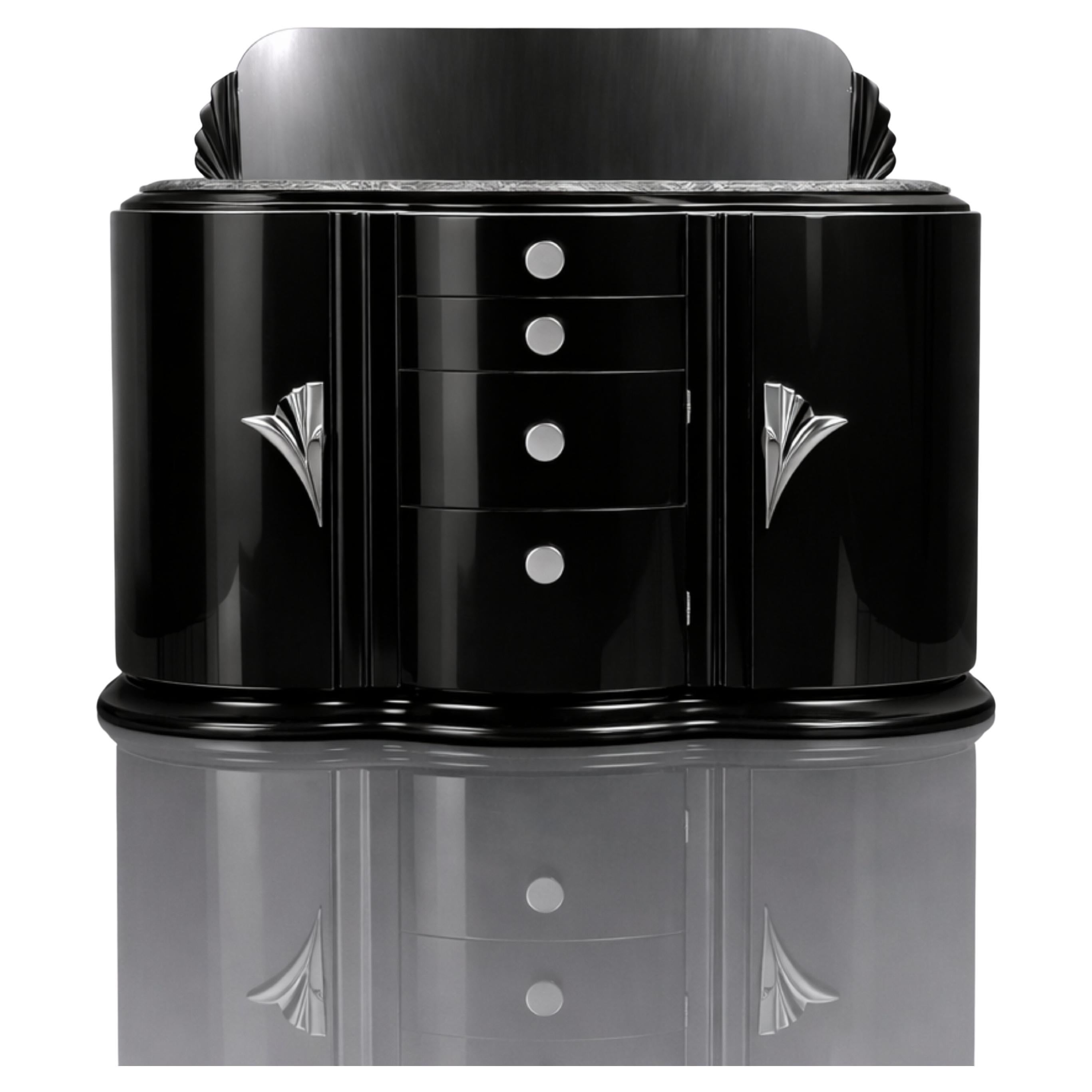 French Art Deco Credenza Sideboard with Mirror – Black Lacquer, 20th Century