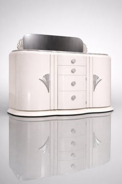 French Art Deco Credenza Sideboard with Mirror – Off-White Lacquer, 20th Century