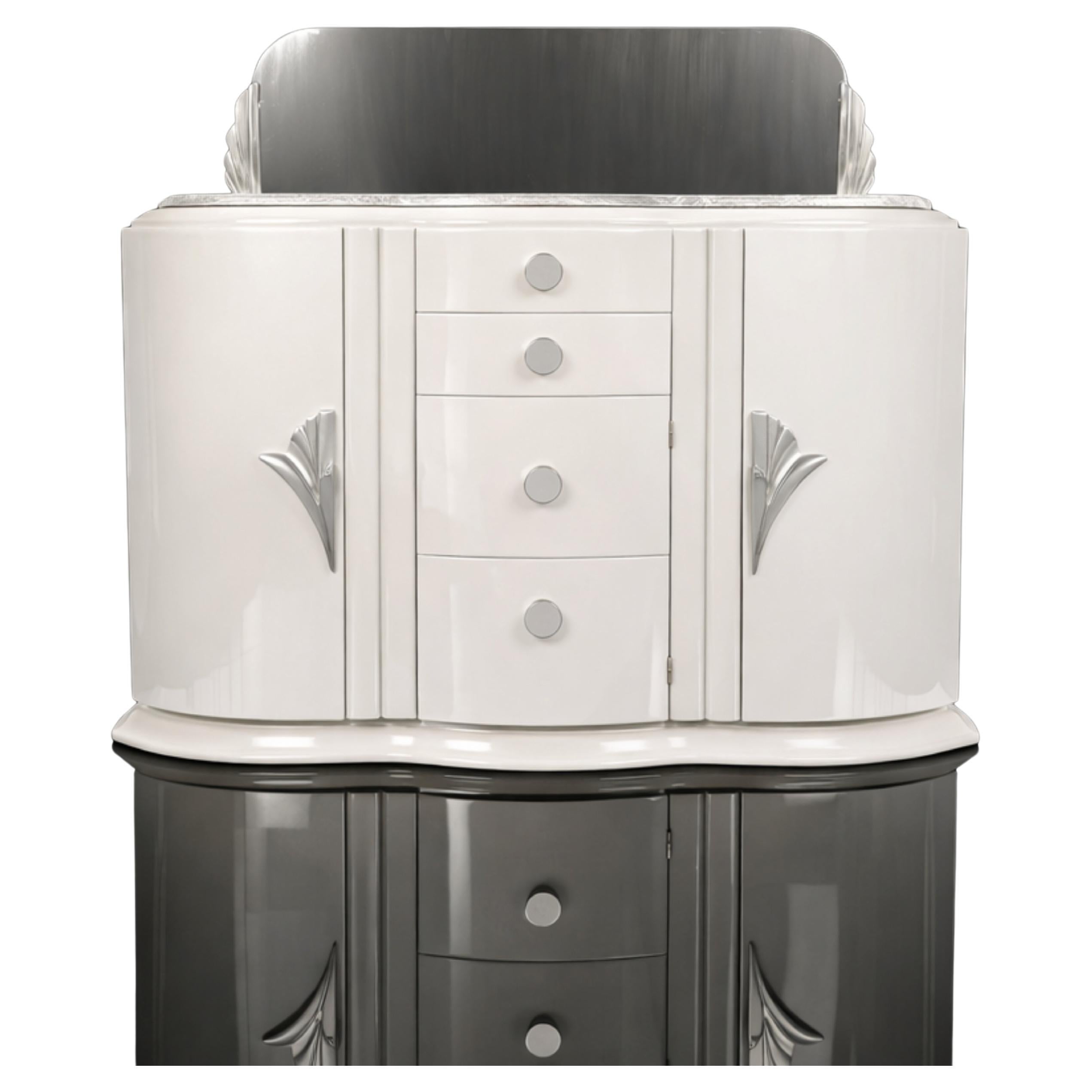 French Art Deco Credenza Sideboard with Mirror – Off-White Lacquer, 20th Century