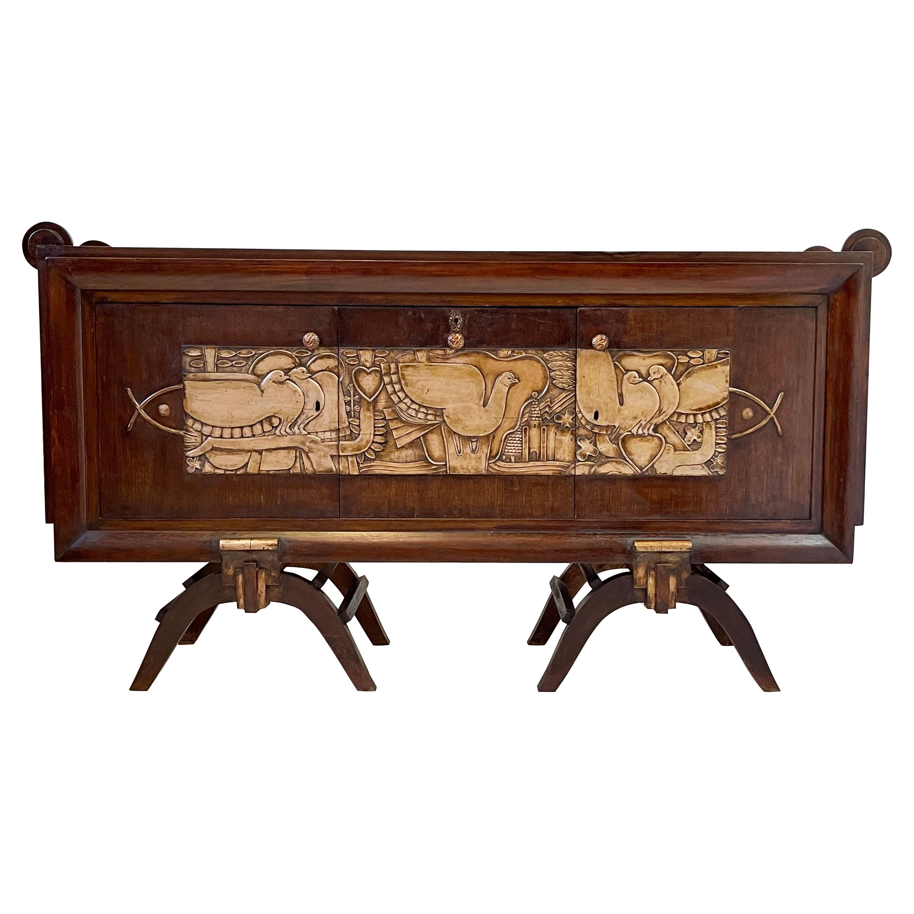 French Art Deco Credenza with Mirrored Dry Bar