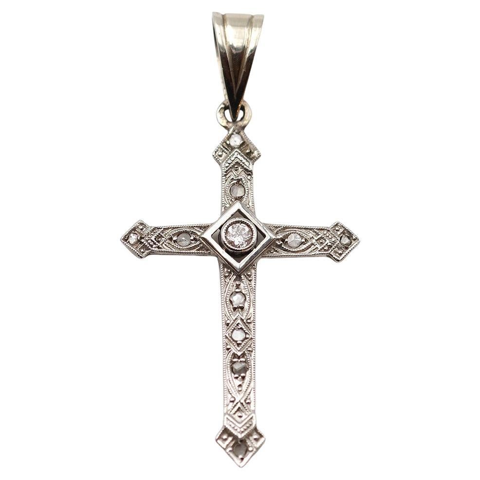 French Art Deco cross pendant with diamonds in 18k gold, antique cross pendant