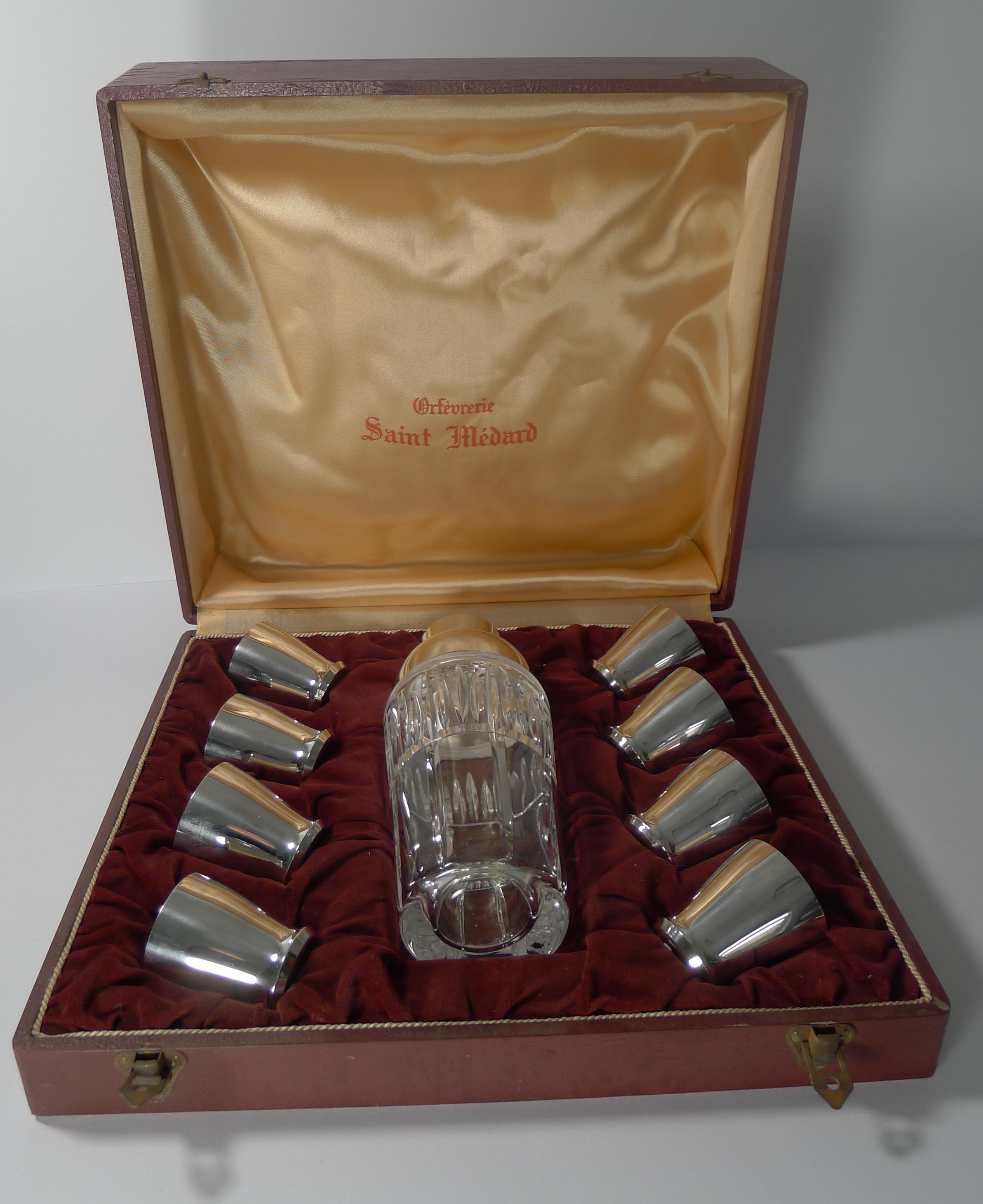 French Art Deco Crystal and Silver Plated Cocktail Shaker / Set by St. Medard 8