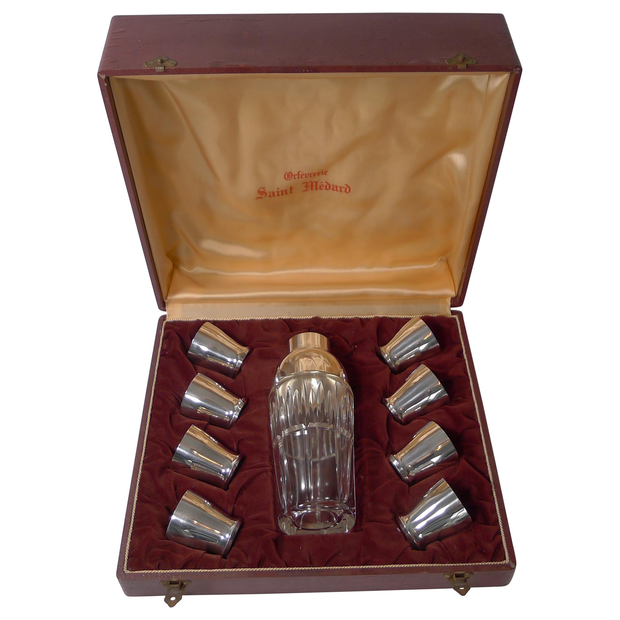 French Art Deco Crystal and Silver Plated Cocktail Shaker / Set by St. Medard