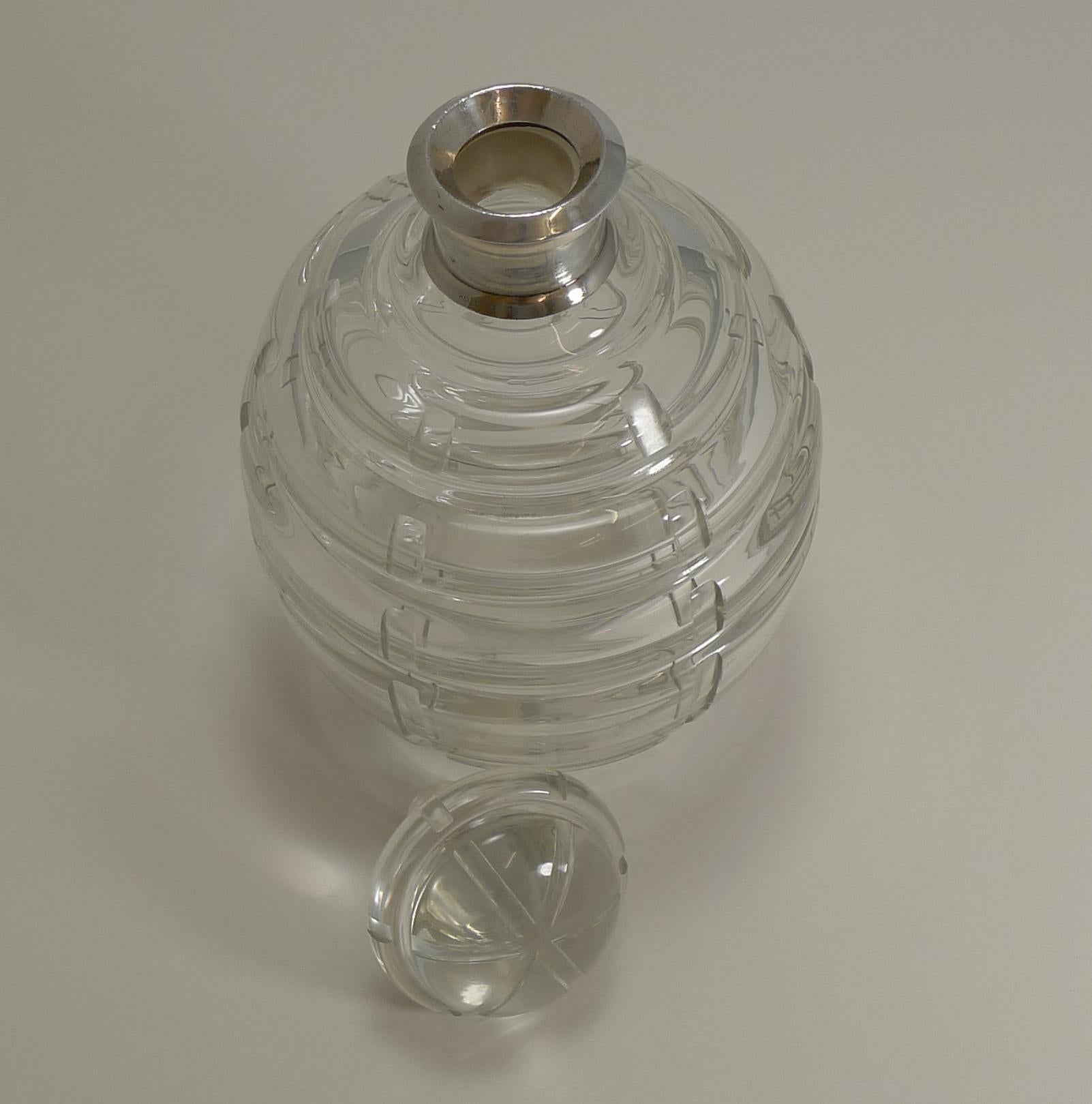 French Art Deco Crystal and Sterling Silver Decanter Signed Keller, Paris In Good Condition For Sale In Bath, GB