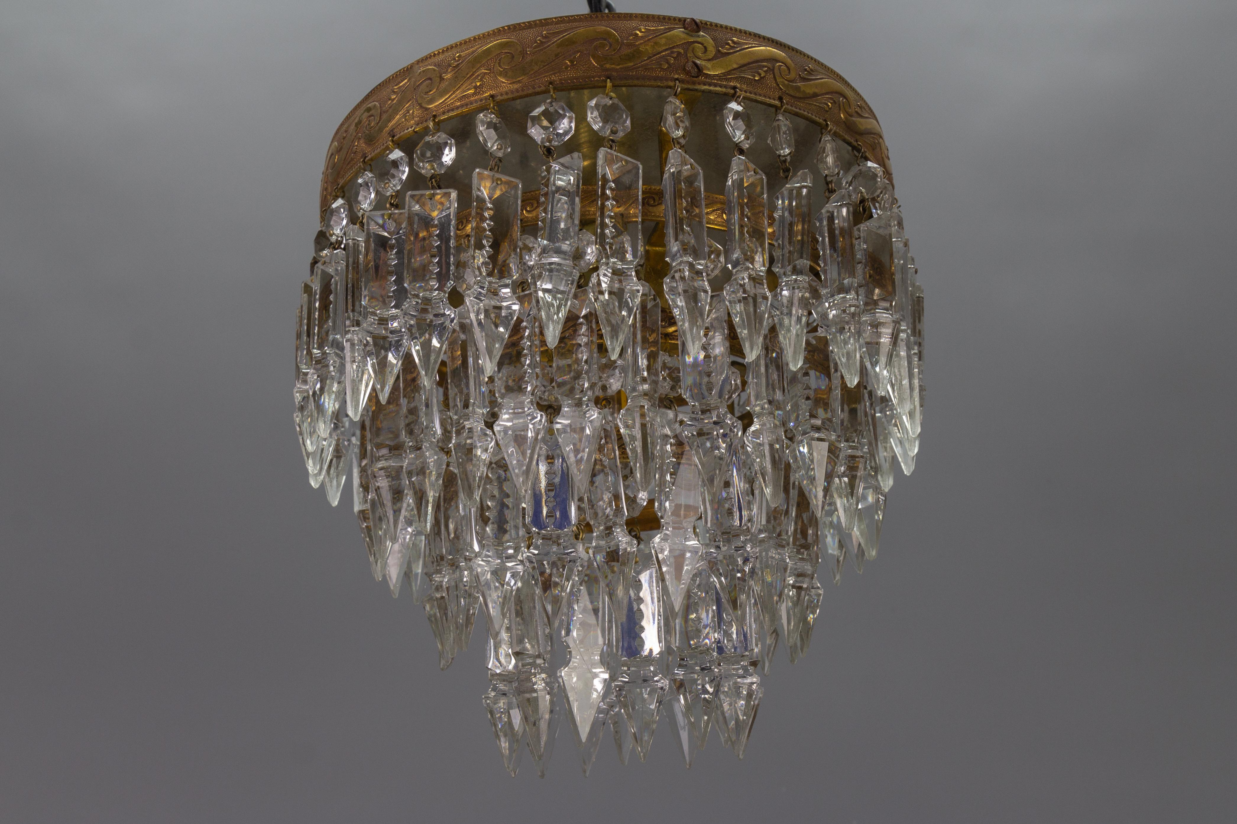 French Art Deco Crystal Glass and Brass Ceiling Light or Flush Mount, 1930s In Good Condition In Barntrup, DE