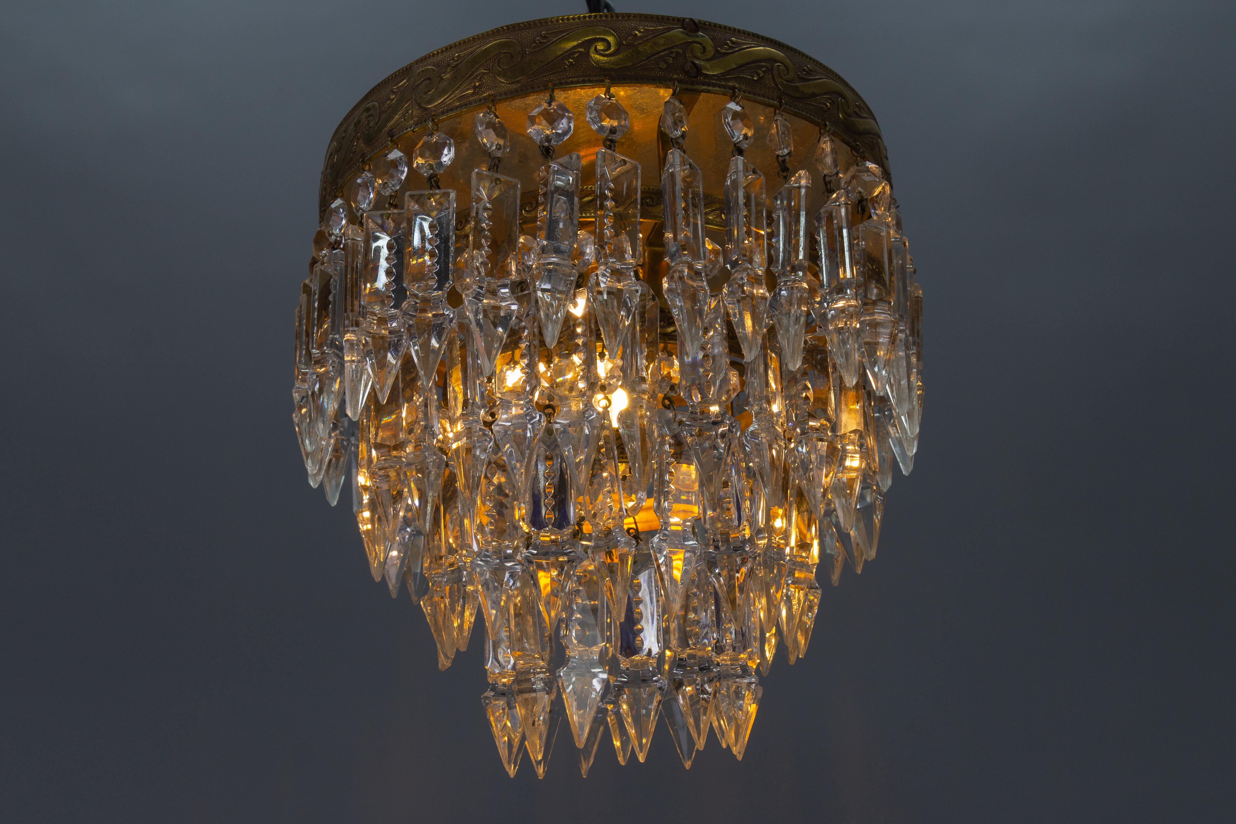 Mid-20th Century French Art Deco Crystal Glass and Brass Ceiling Light or Flush Mount, 1930s