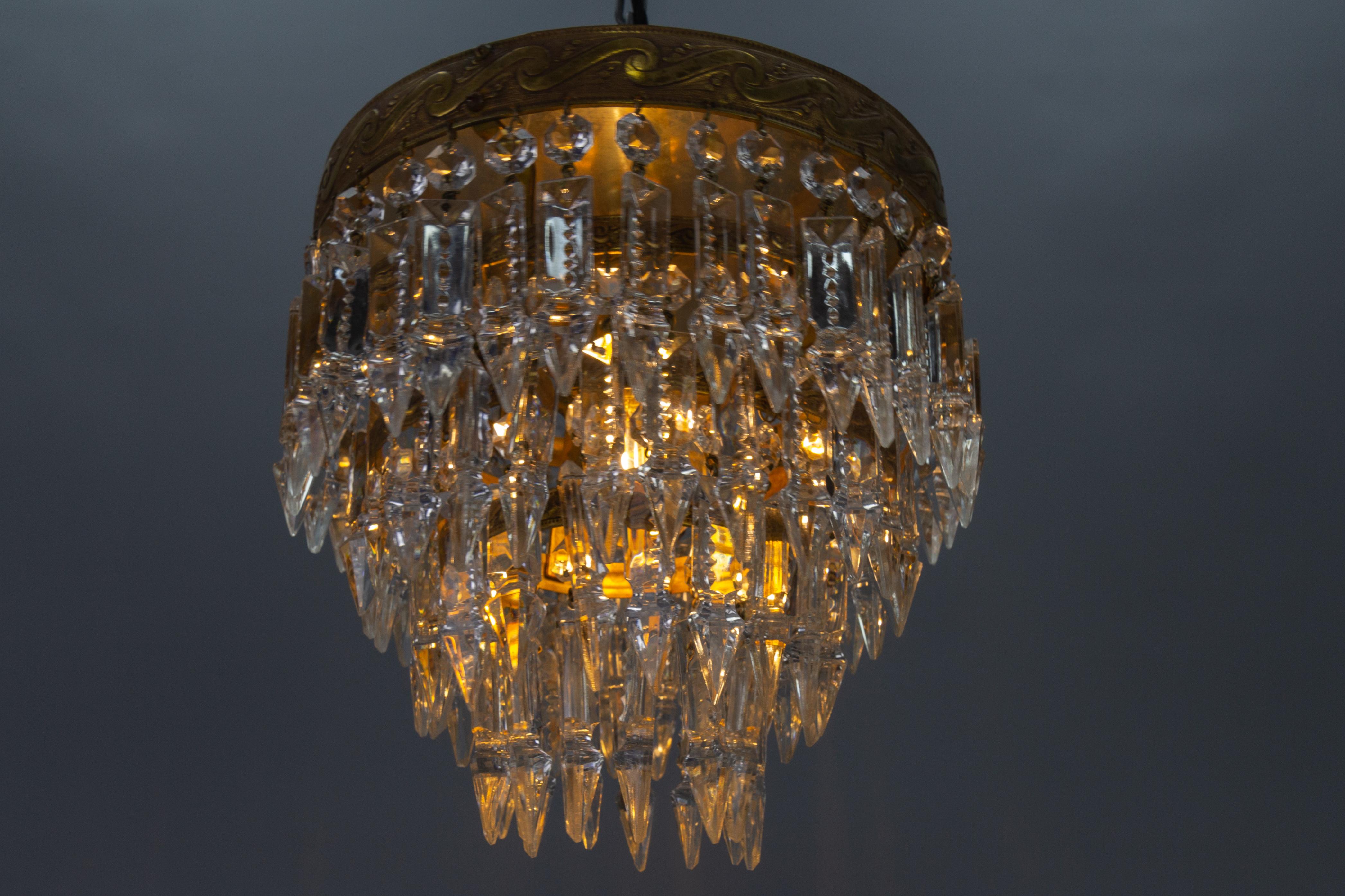 Metal French Art Deco Crystal Glass and Brass Ceiling Light or Flush Mount, 1930s