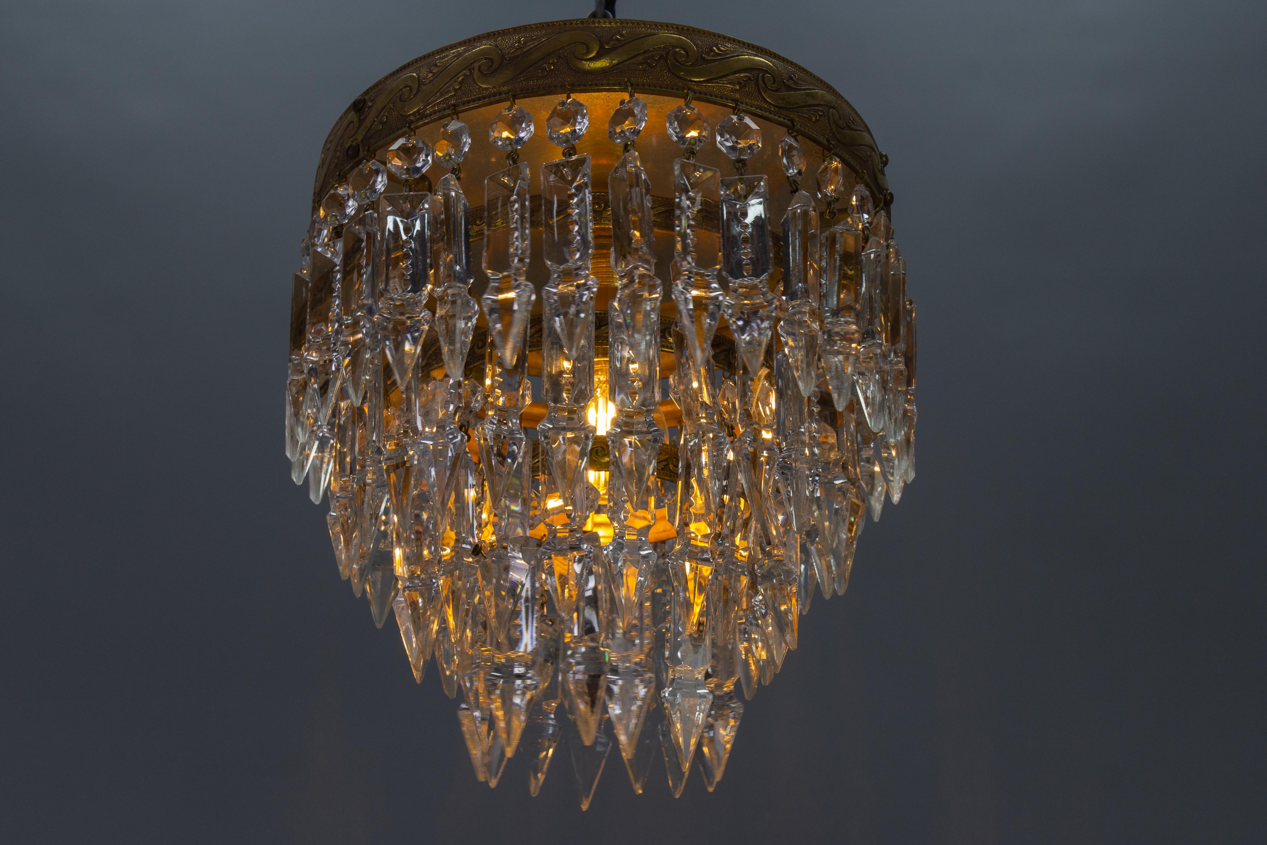 French Art Deco Crystal Glass and Brass Ceiling Light or Flush Mount, 1930s 1