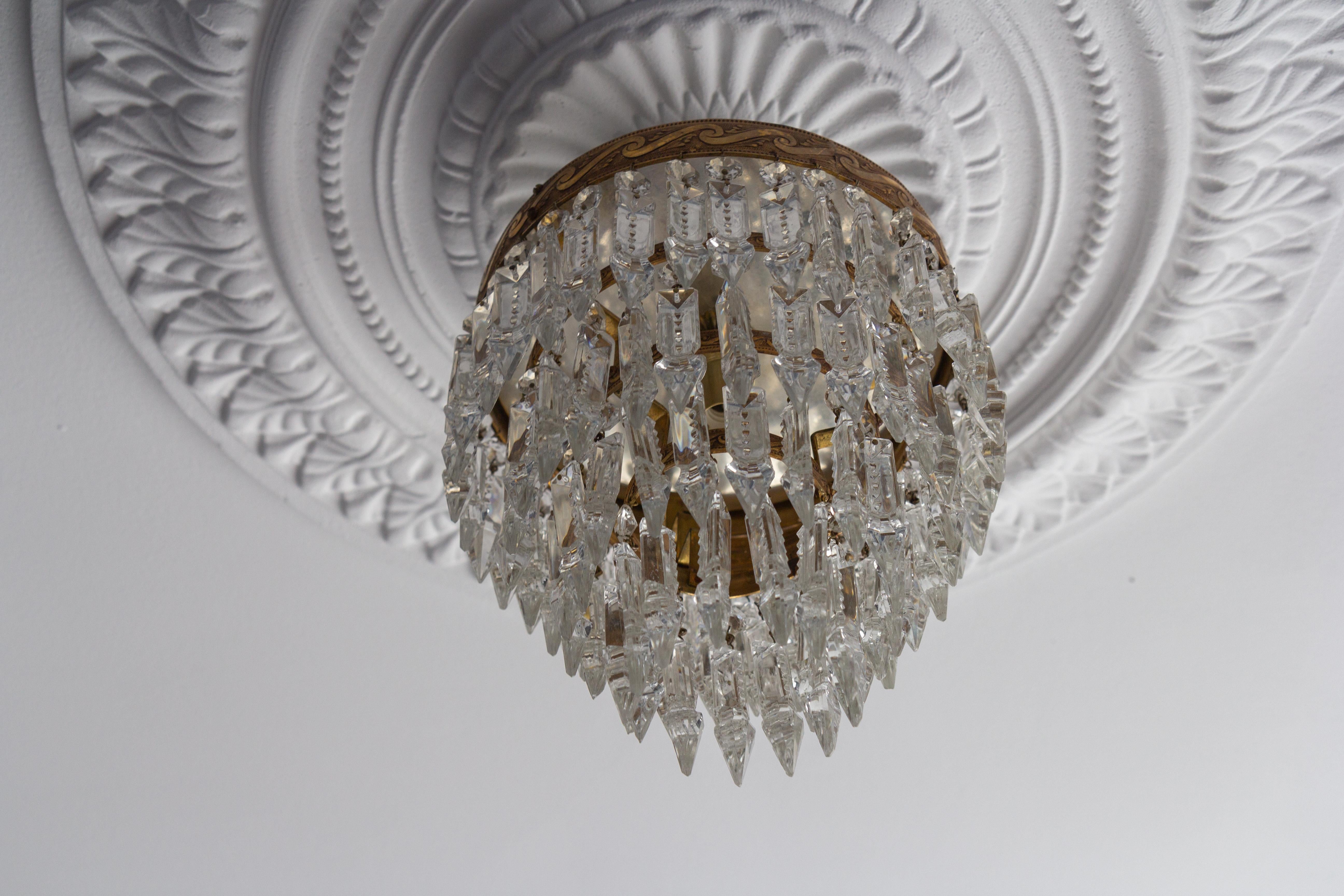 French Art Deco Crystal Glass and Brass Ceiling Light or Flush Mount, 1930s 3