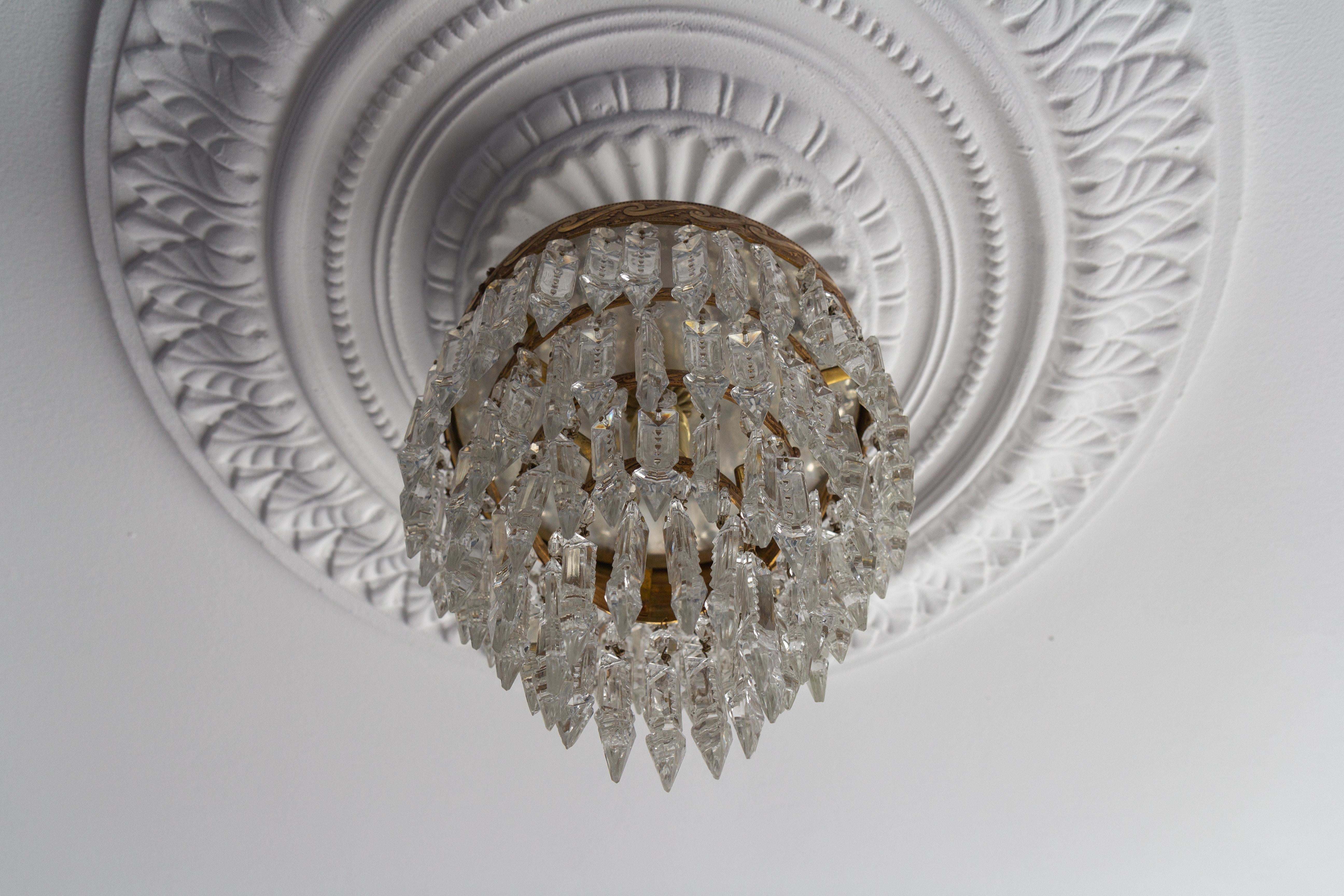 French Art Deco Crystal Glass and Brass Ceiling Light or Flush Mount, 1930s 4