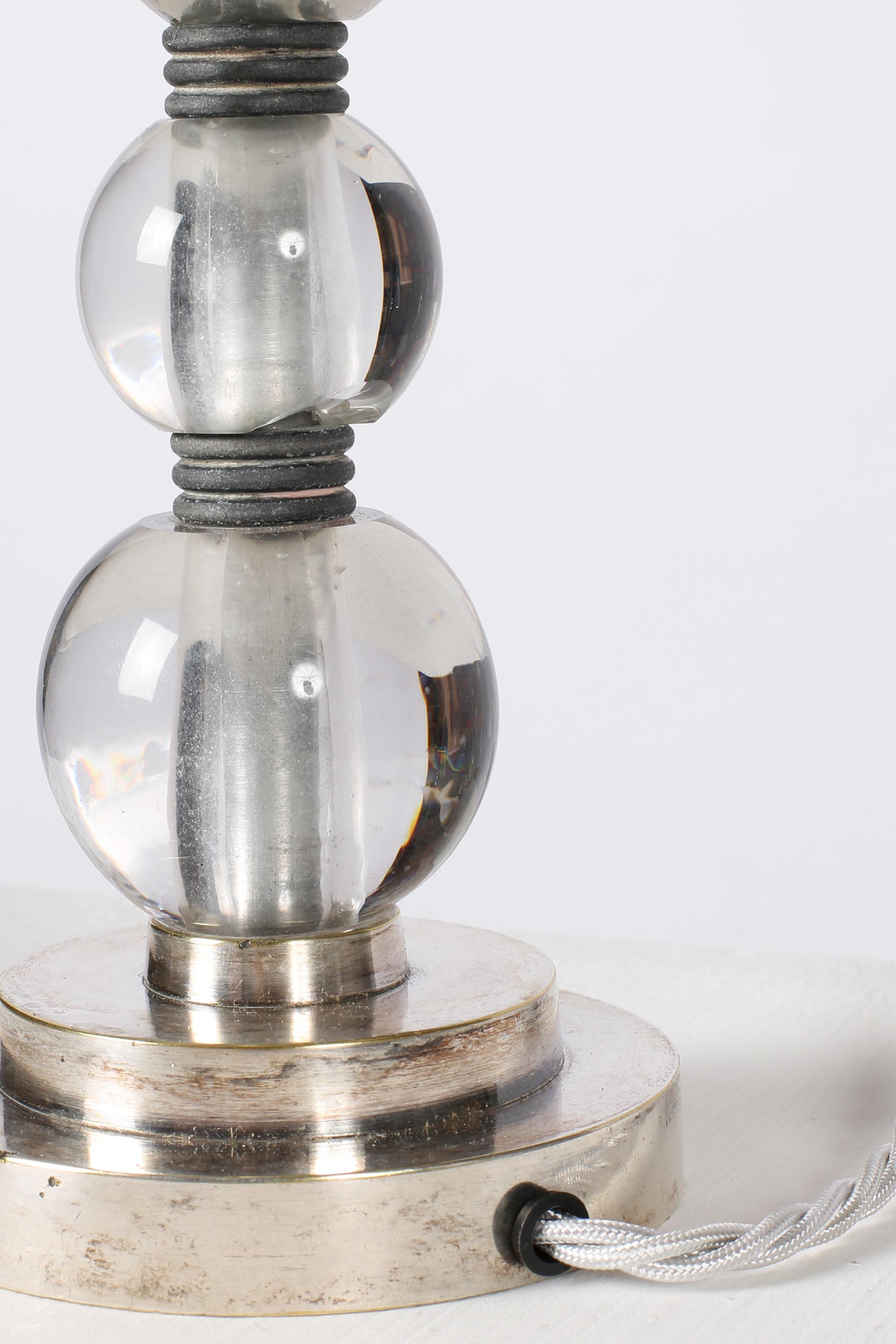 Bronze French Art Deco Crystal Glass 'Boules' Nickel Jacques Adnet Style Table Lamp For Sale