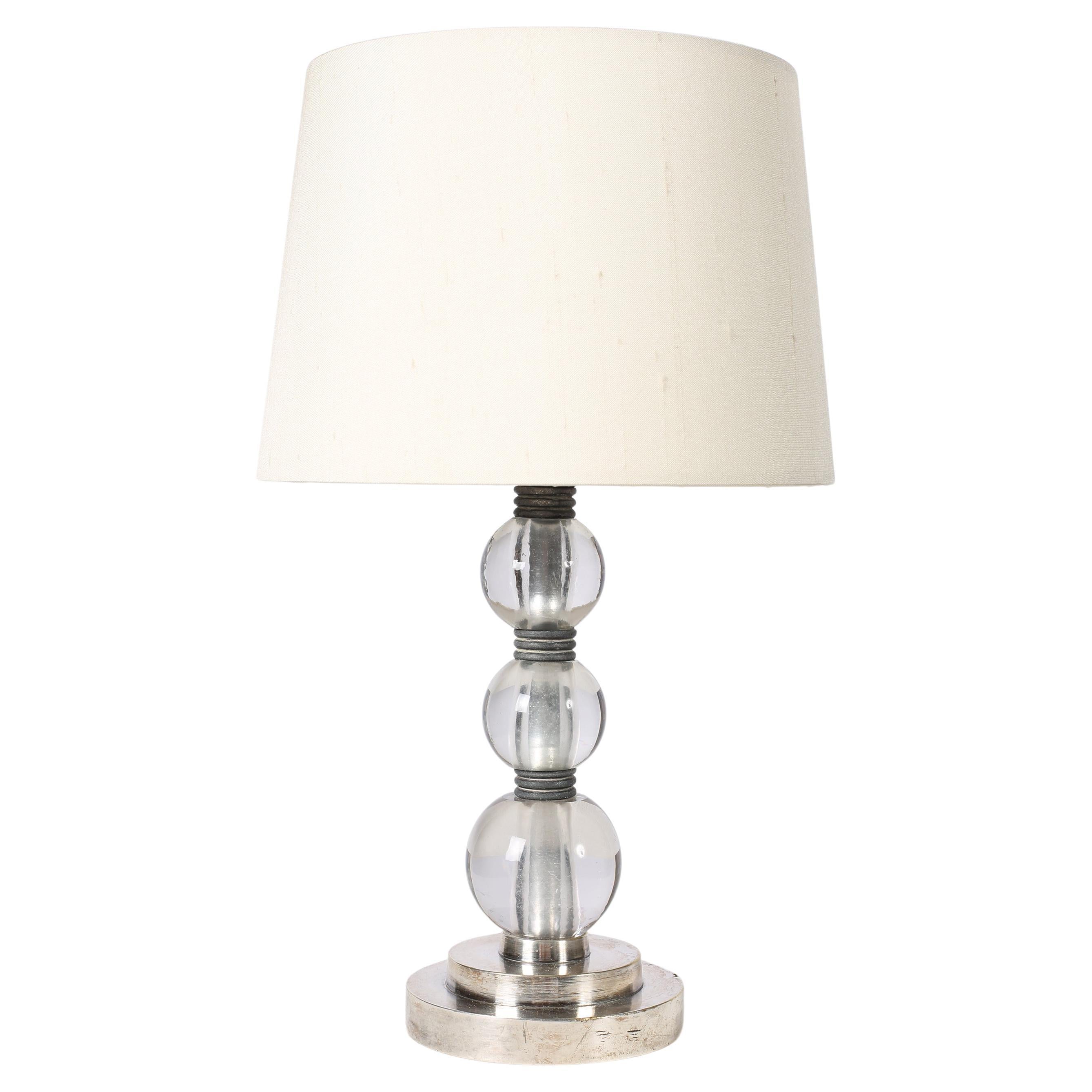 French Art Deco Crystal Glass 'Boules' Nickel Jacques Adnet Style Table Lamp For Sale