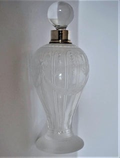 French Art Deco Crystal High Releaf Engraved Perfume Bottle, Sterling Silver