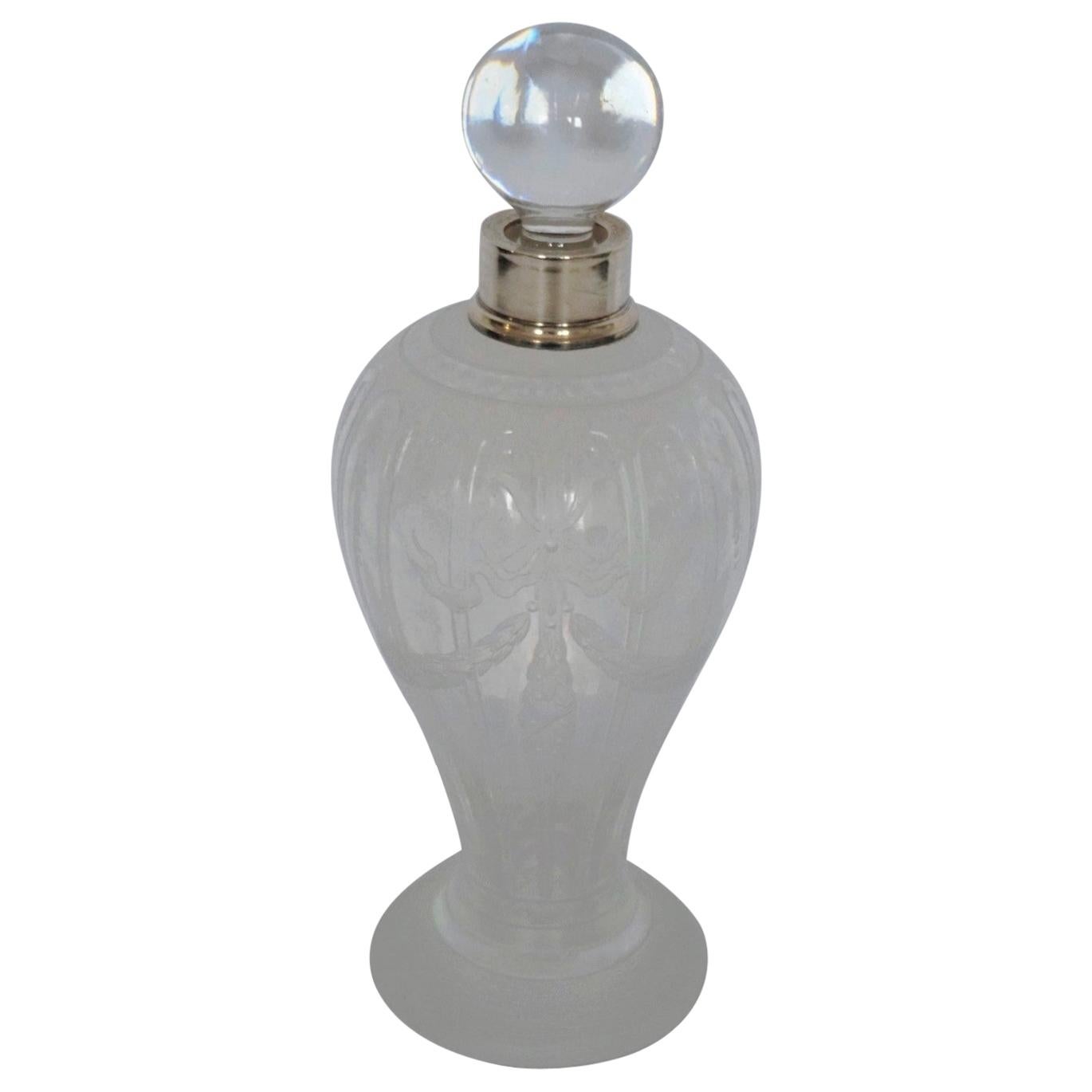 French Art Deco Crystal High Releaf Engraved Perfume Bottle, Sterling Silver