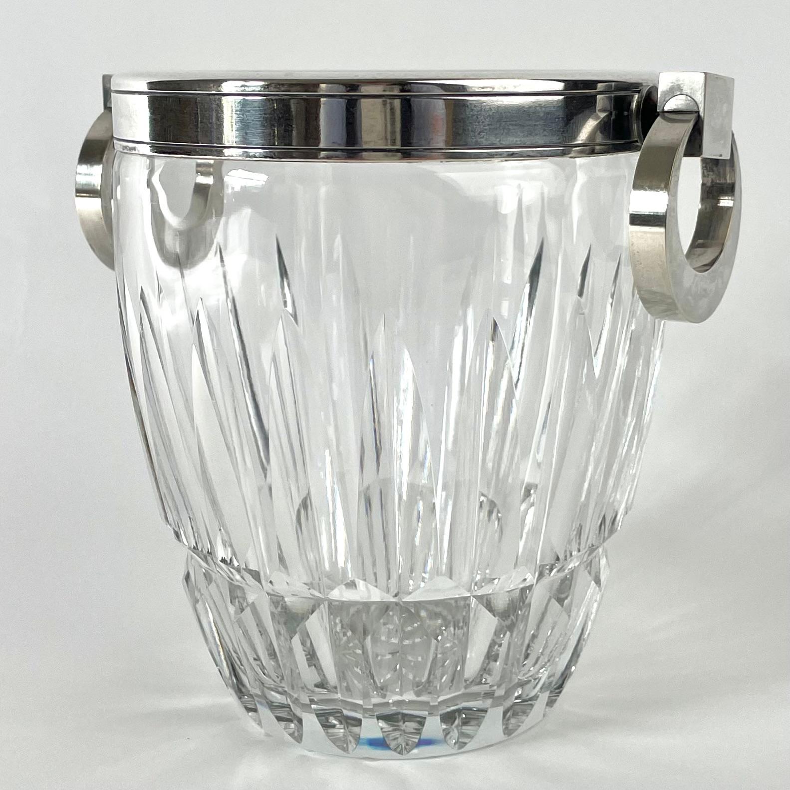 Seau à glace en cristal de l'Art déco français avec montures en métal argenté, années 1930 en vente 1
