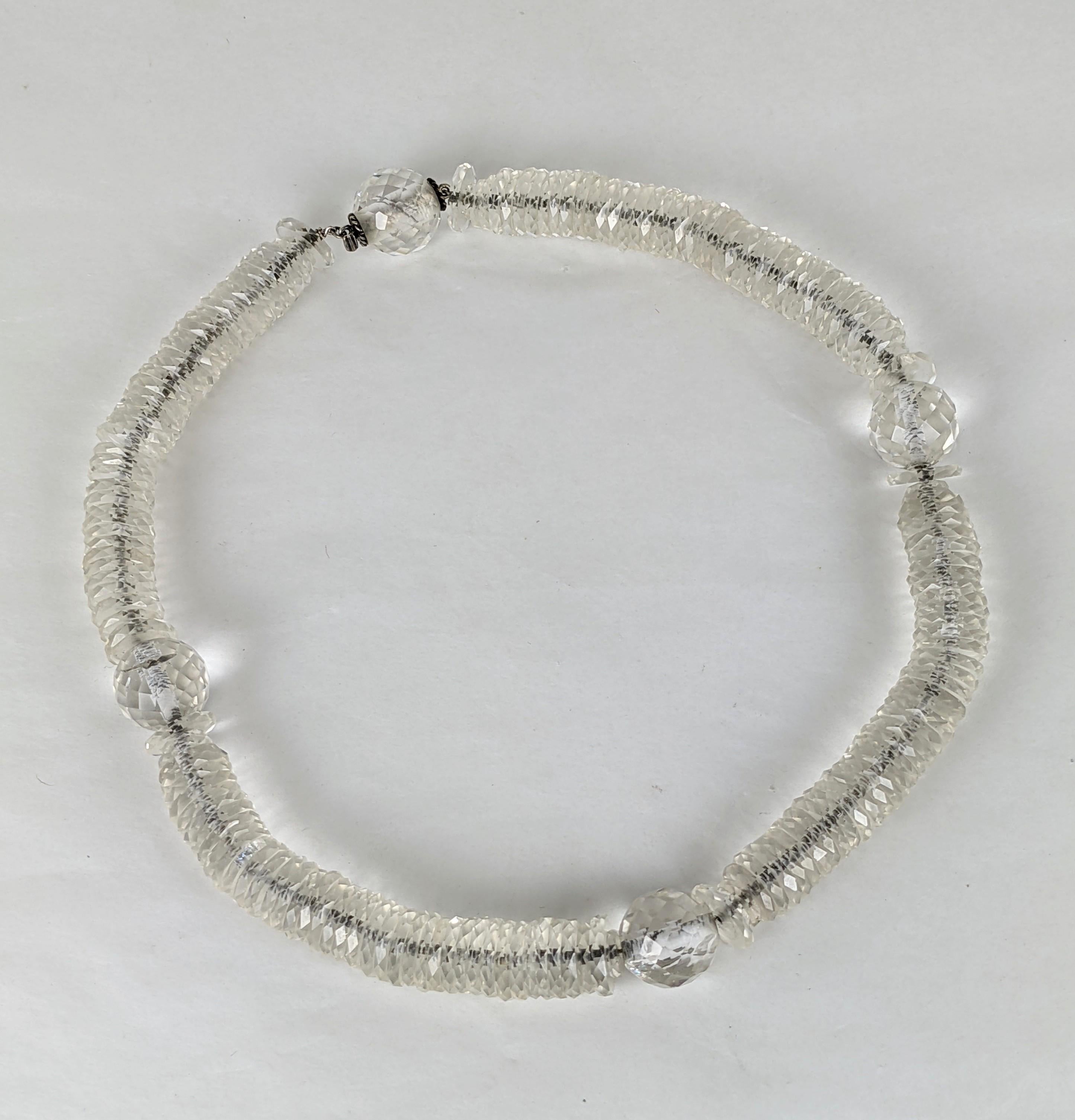 Unusual French Art Deco faceted crystal multi rondelle and bead necklace. The necklace strung on fine silver chain. Unusual invisible silver bead clasp with a fluid elegant look.
Excellent Condition. Length 16