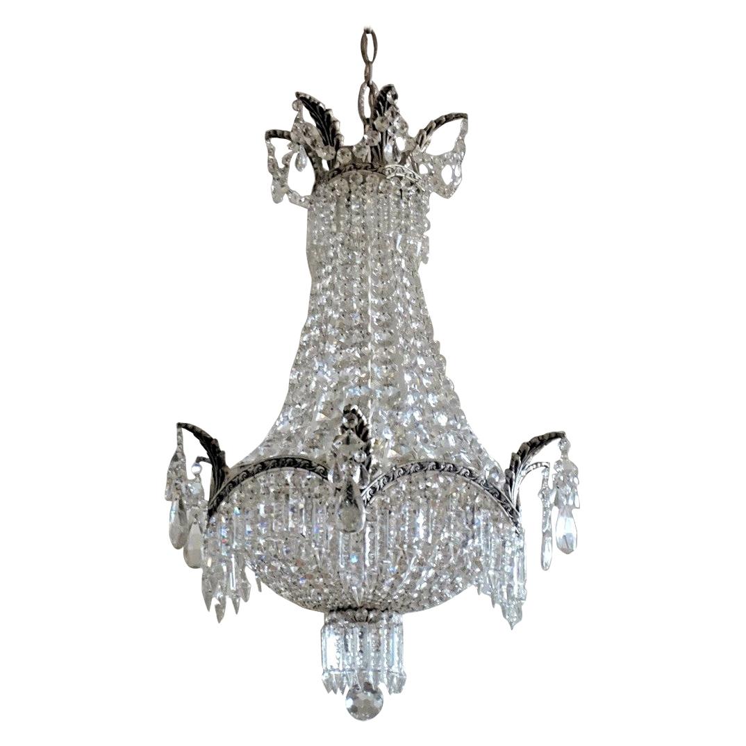 French Art Deco Crystal Silvered Bronze Frame Nine-Light Chandelier