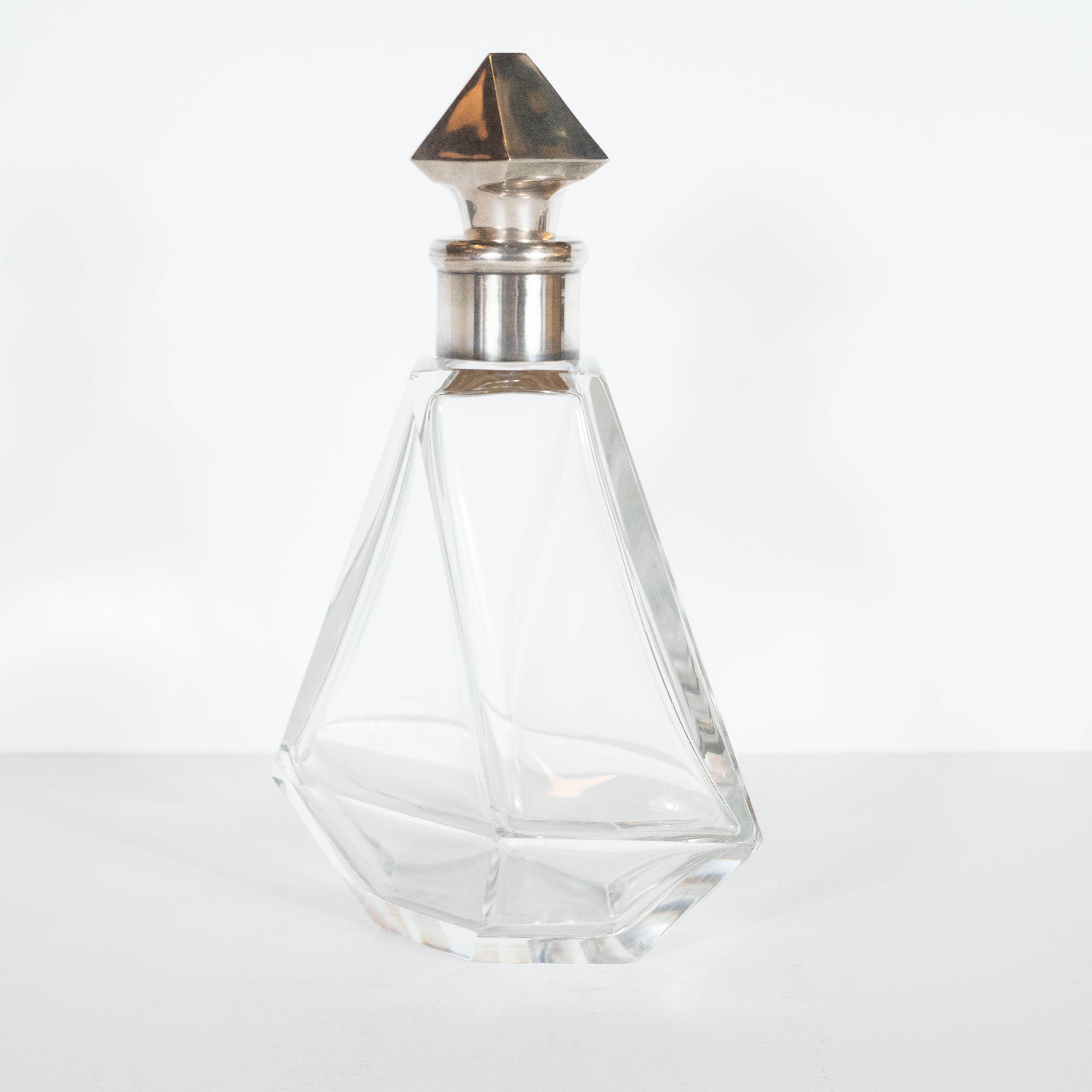 Mid-20th Century French Art Deco Cubist Crystal Decanter with Sterling Silver Neck and Stopper