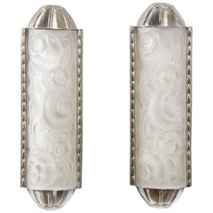French Art Deco Cubist Silvered Bronze and Frosted Glass Stylized Floral Sconces
