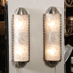 French Art Deco Cubist Silvered Bronze and Frosted Glass Stylized Floral Sconces