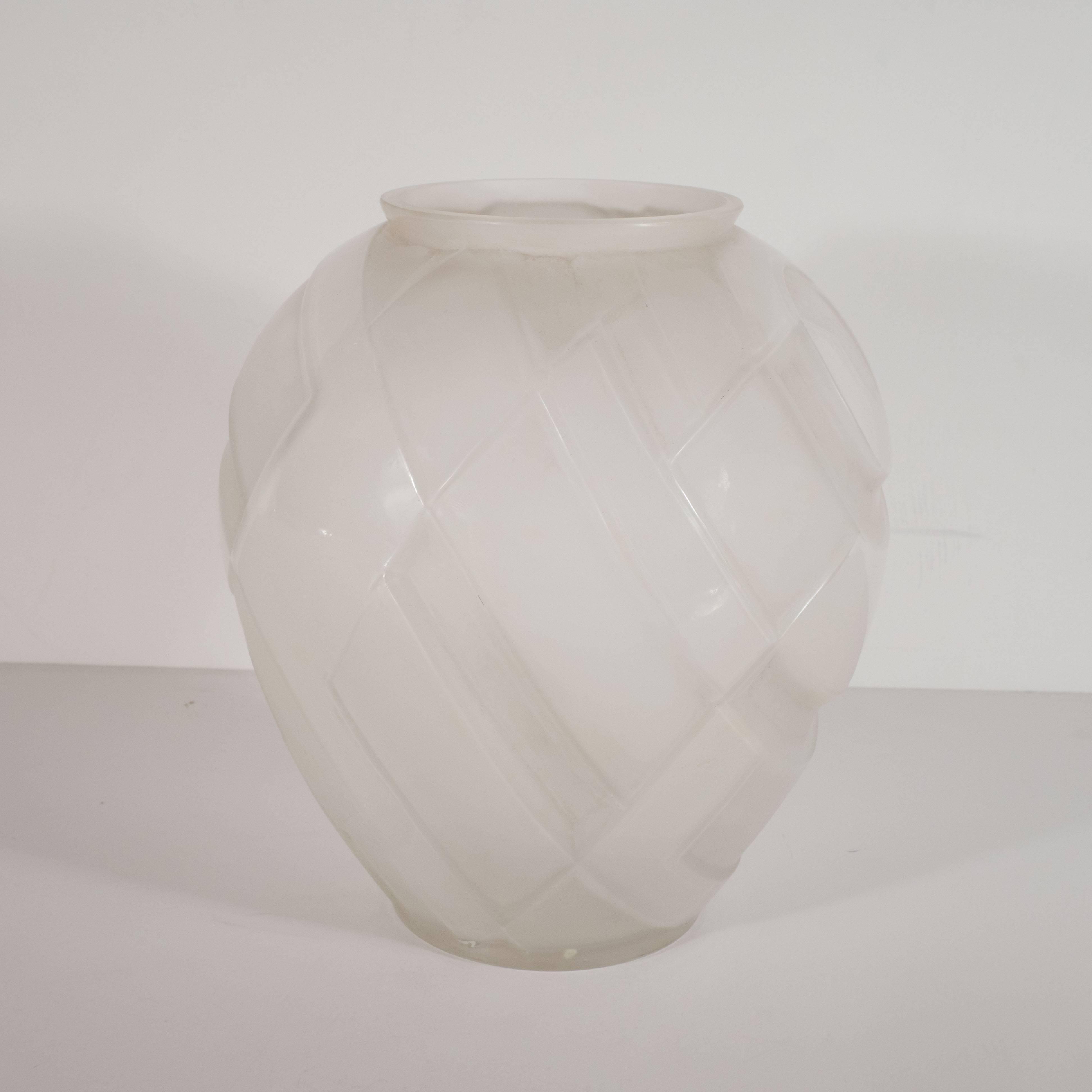 French Art Deco Cubist Vase in Translucent and Frosted Glass by Andre Hunebelle 1