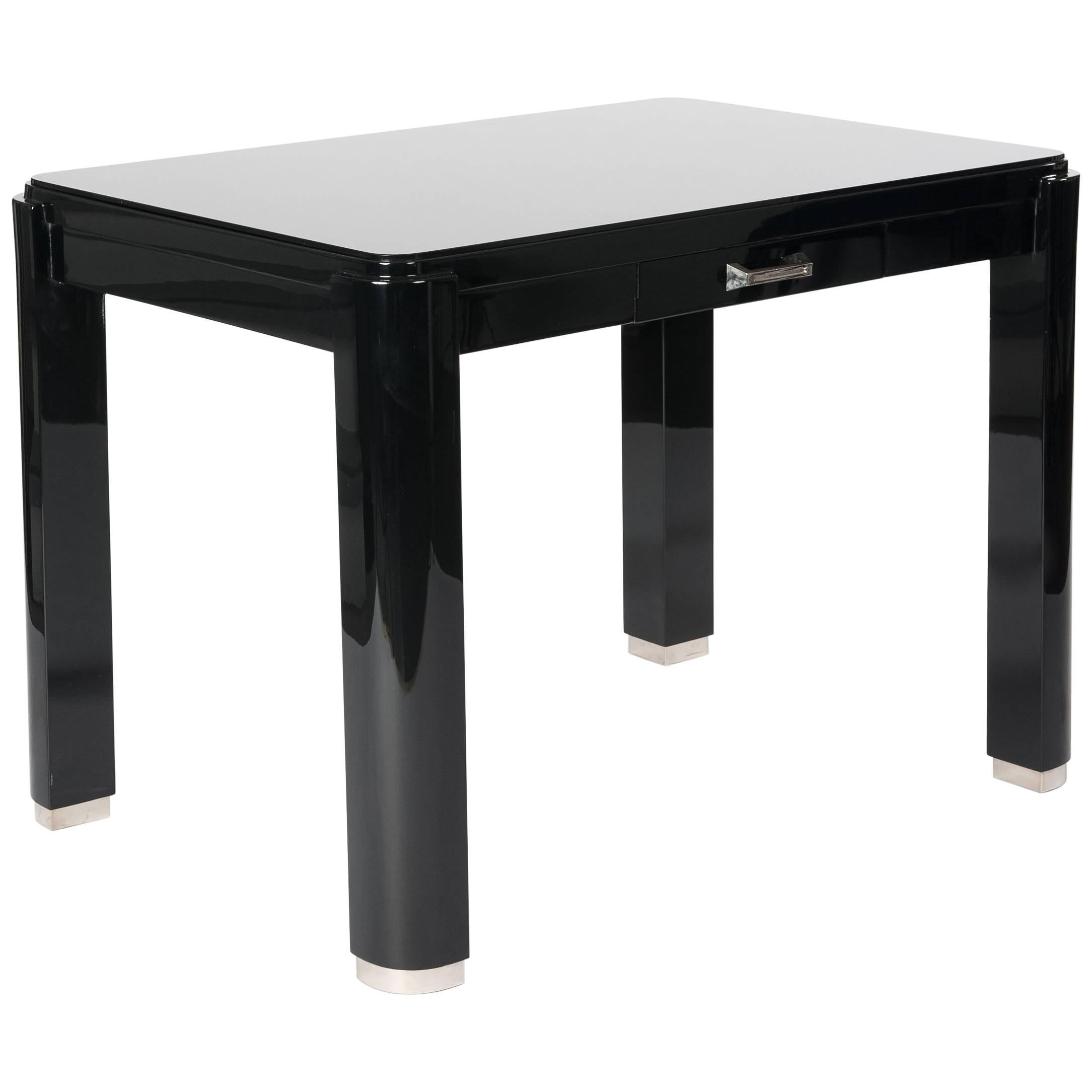 French Art Déco Cubistic Shaped Desk Black Lacquer with Re-Nickeled Hardware