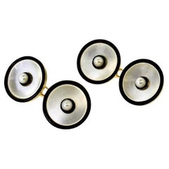 Gemelos art déco franceses con perlas naturales, esmalte y oro de 18 quilates, c. 1920