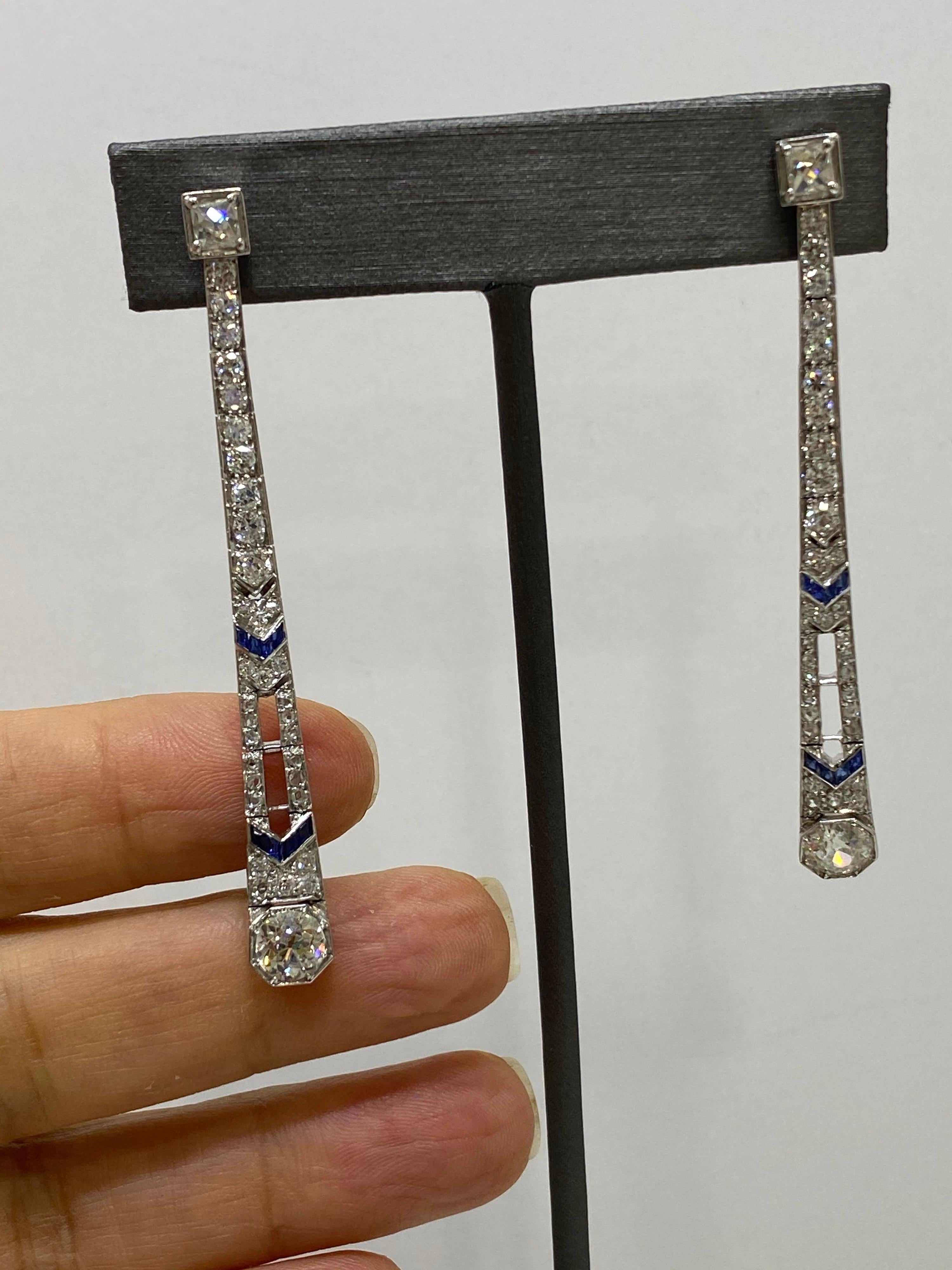 Women's or Men's Mindi Mond French Art Deco Diamond Sapphire Platinum Chandelier Dangle Earrings For Sale