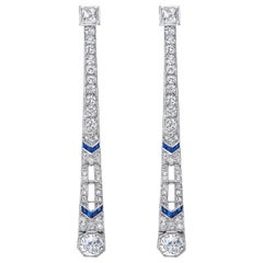 French Art Deco Style Platinum Diamond Sapphire Chandelier Dangle Earrings
