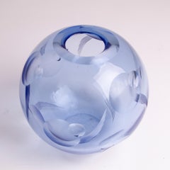 French Art Deco Cut Blue Crystal Globe Vase