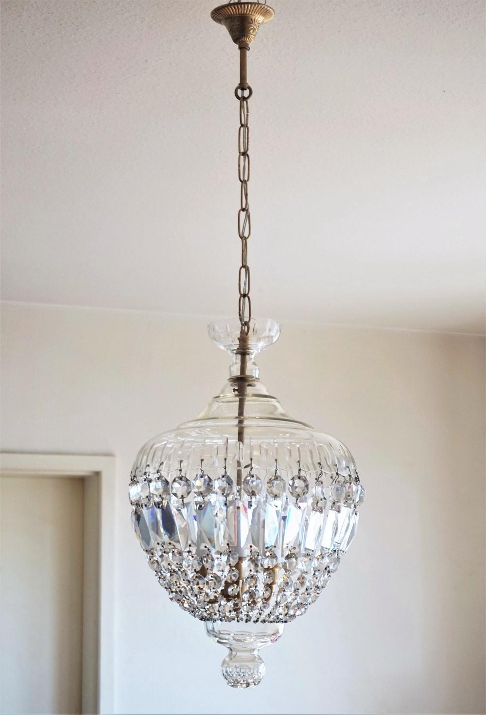 French Art Deco Cut Crystal Three-light Lantern or Chandelier  In Good Condition In Frankfurt am Main, DE