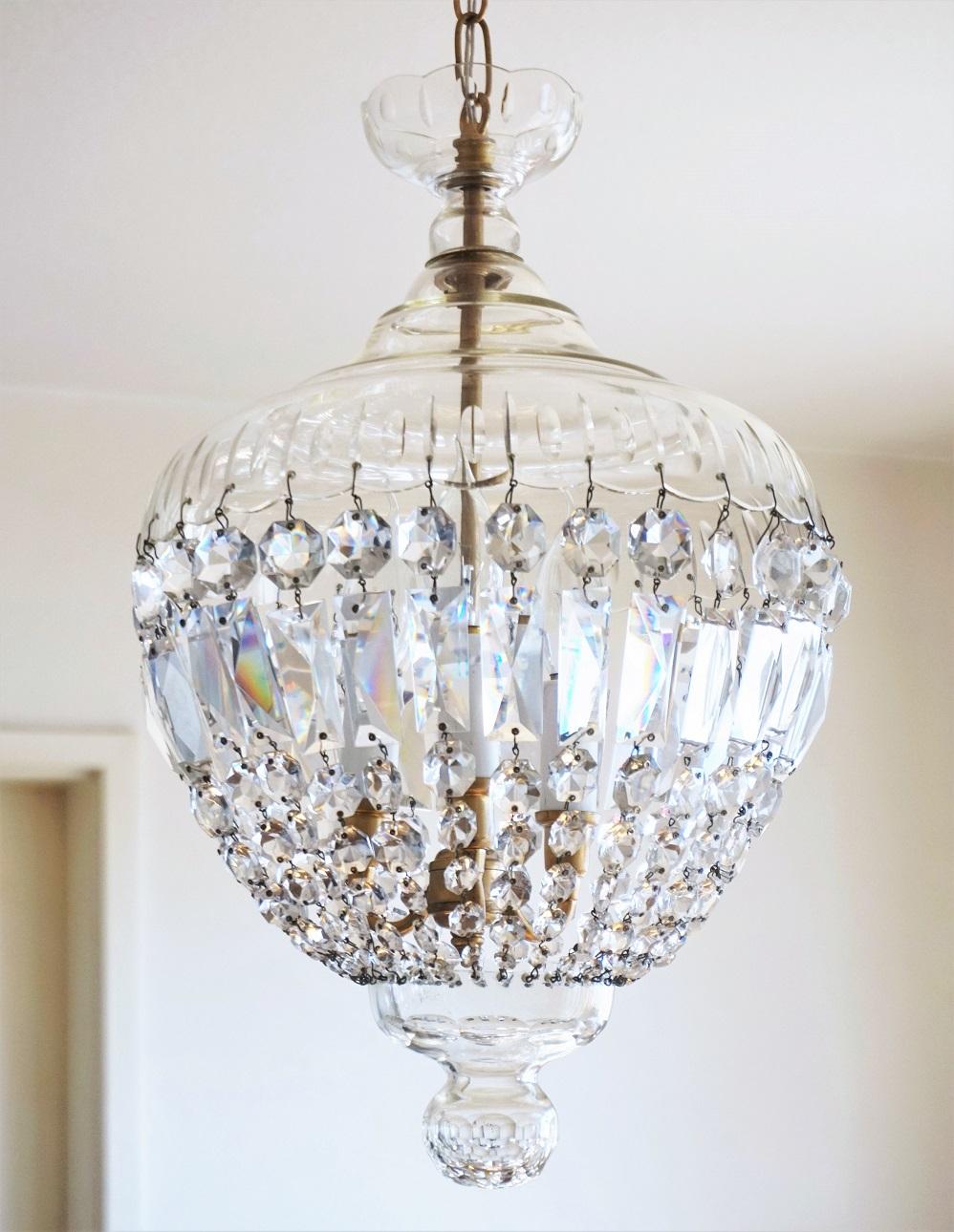 French Art Deco Cut Crystal Three-light Lantern or Chandelier  1