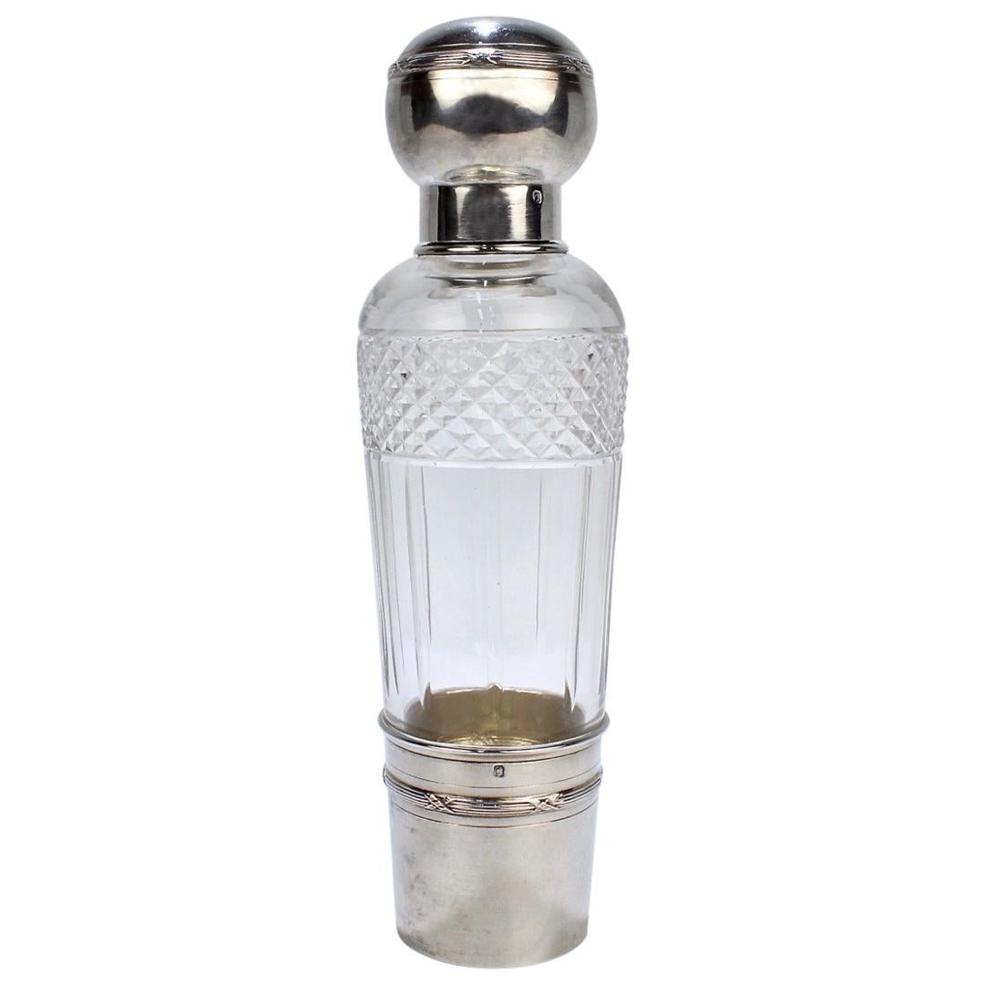 French Art Deco Cut Glass and Sterling Silver Liquor or Whiskey Flask by Chambin