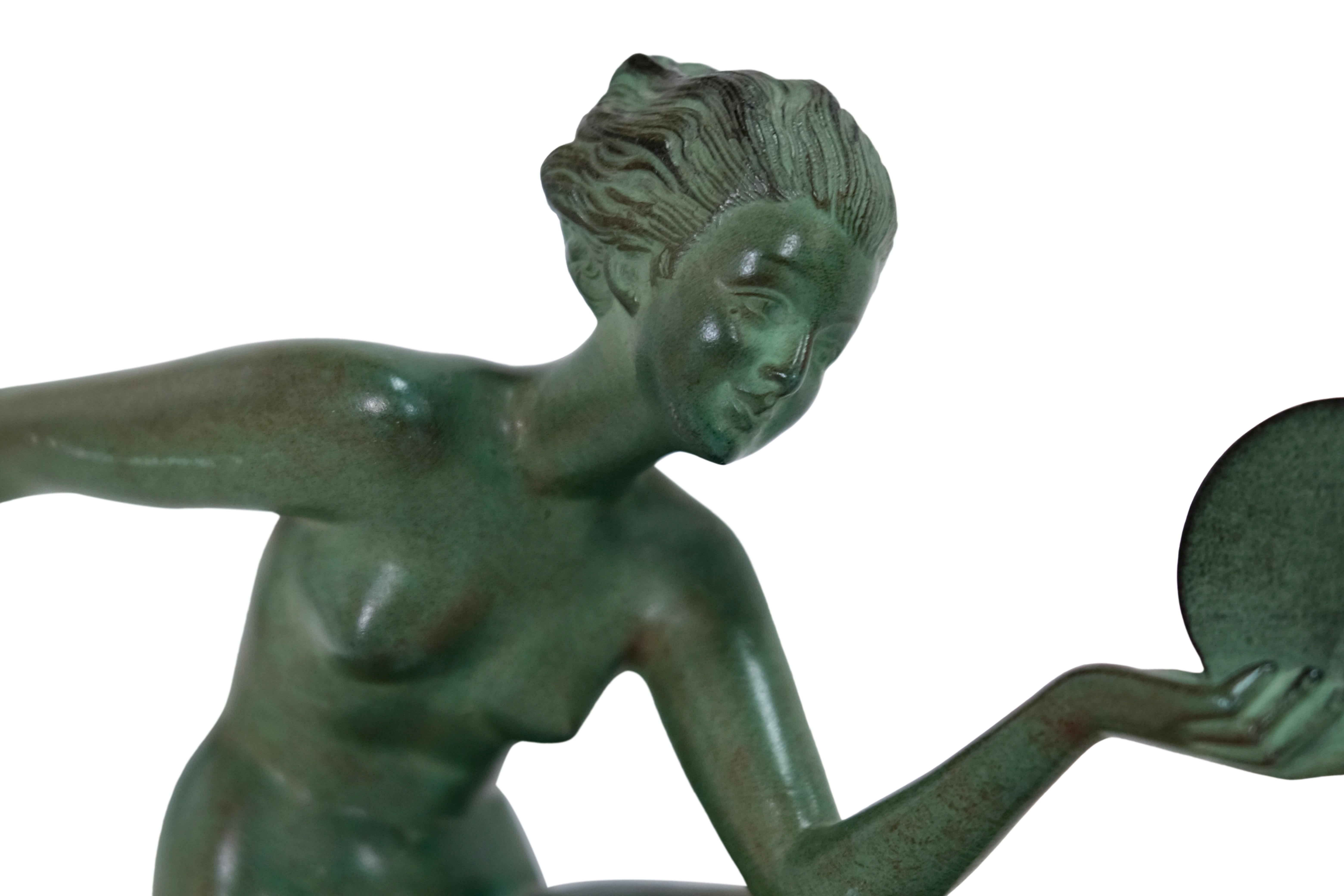 Patinated French Art Deco Dancer Sculpture by Alexandre-Joseph Derenne for Max Le Verrier For Sale