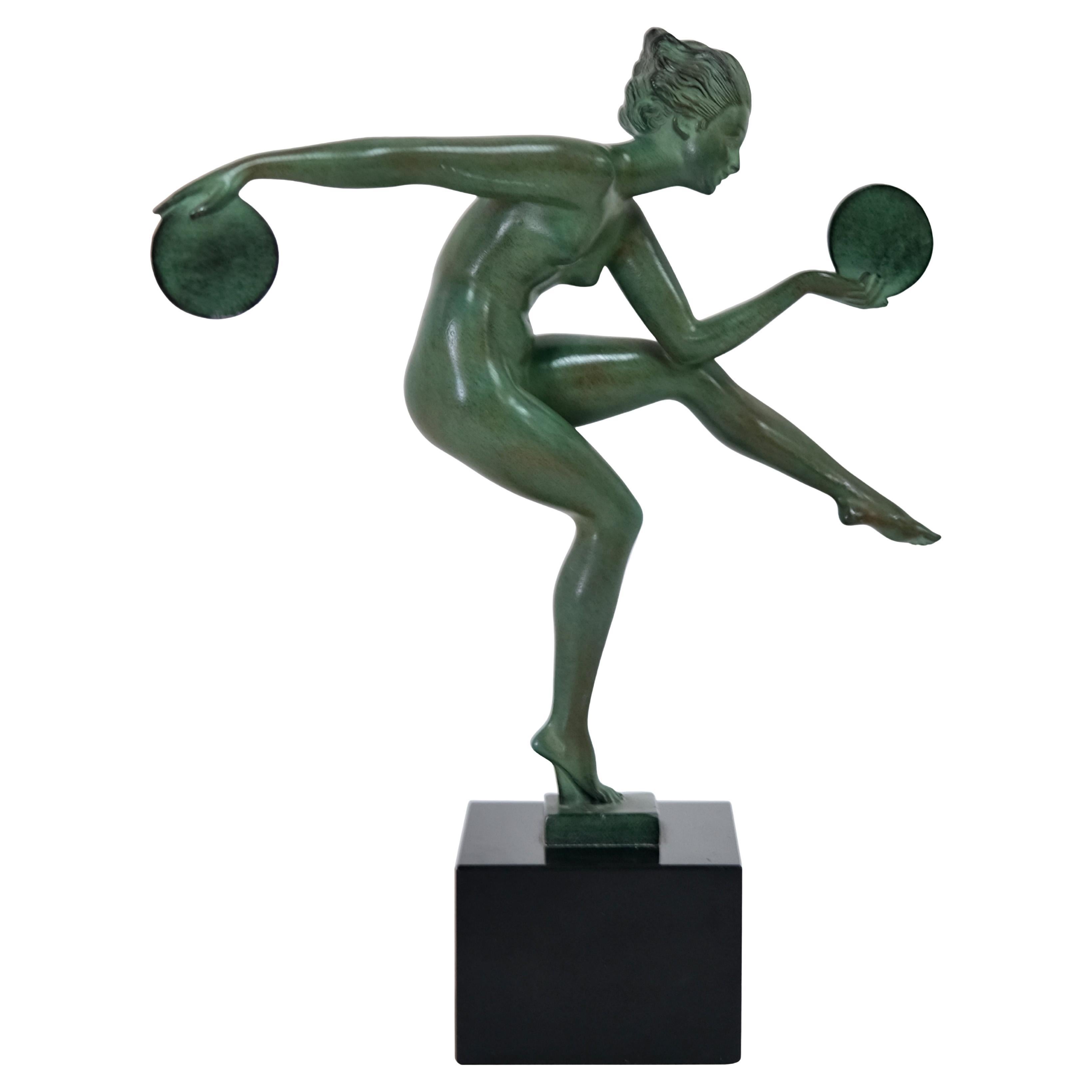 Escultura francesa Art Déco Bailarina de Alexandre-Joseph Derenne para Max Le Verrier