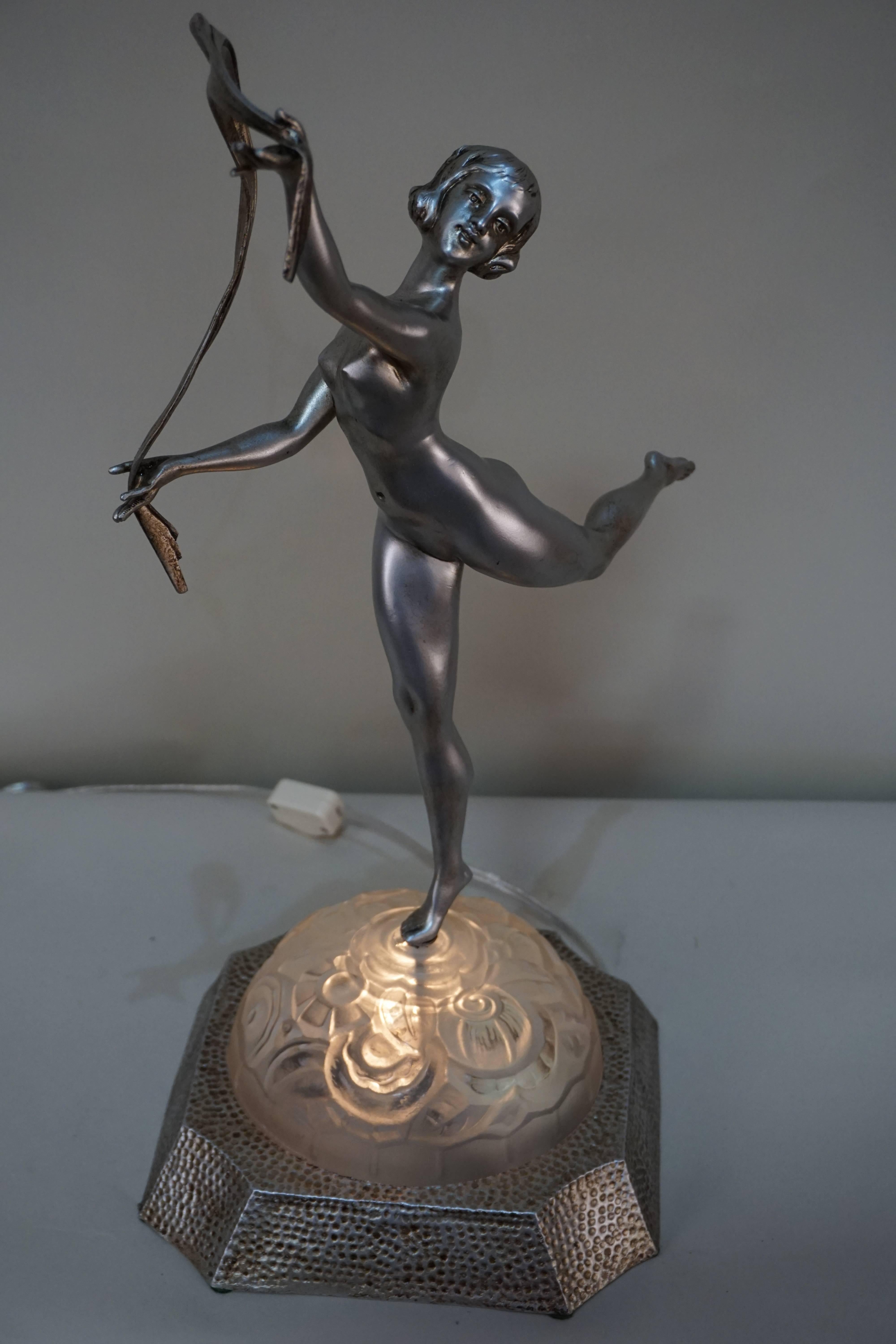Silvered French Art Deco Dancing Girl Table Lamp by Limousin