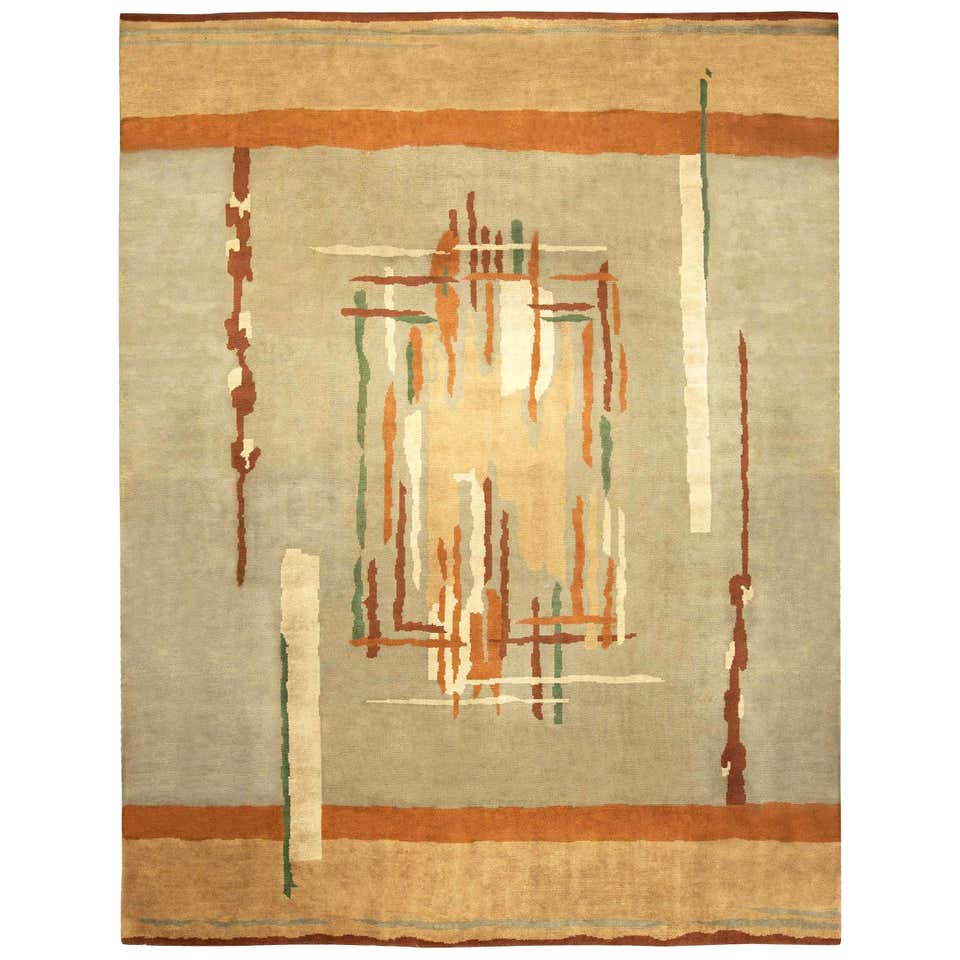 French Art Deco Dark Green, Rust, Orange, Peach and Cream Wool Rug at ...