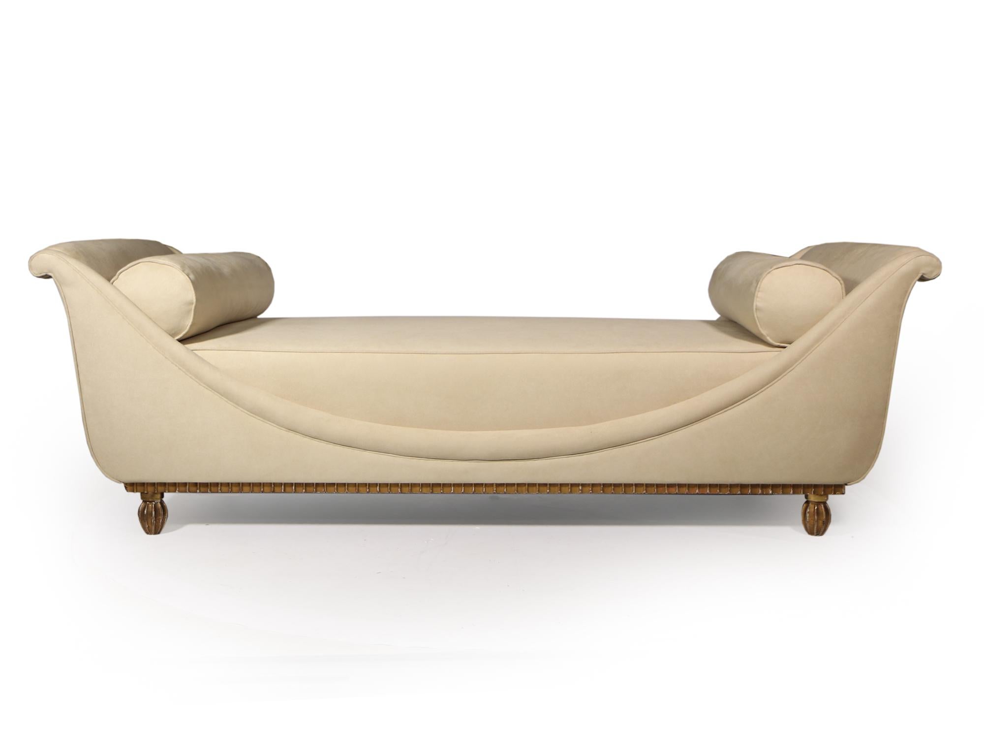A French Art Deco daybed produced in the 1920’s and firmly attributable to Andre Arbus, although unsigned the frame is handmade and of exceptional quality and of a level expected to be Arbus, the gilded base is in excellent original condition with
