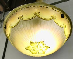 French Art Deco Decorated Glass Ceiling Light with Brass Rose
