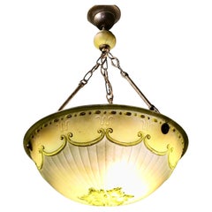 French Art Deco Decorated Glass Ceiling Light with Brass Rose